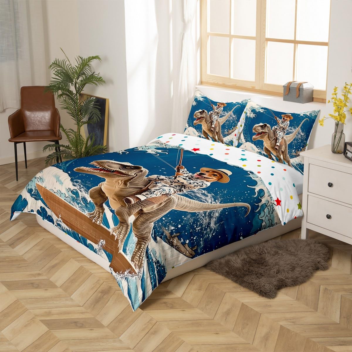 jejeloiu Funny Dog Bedding Set Cool Dinosaur Duvet Cover for Kids Boys Girls Japanese Ocean Wave Comforter Cover Wooden Print Bedspread Cover Room 2Pcs Toddler Size,Zipper,No Comforter