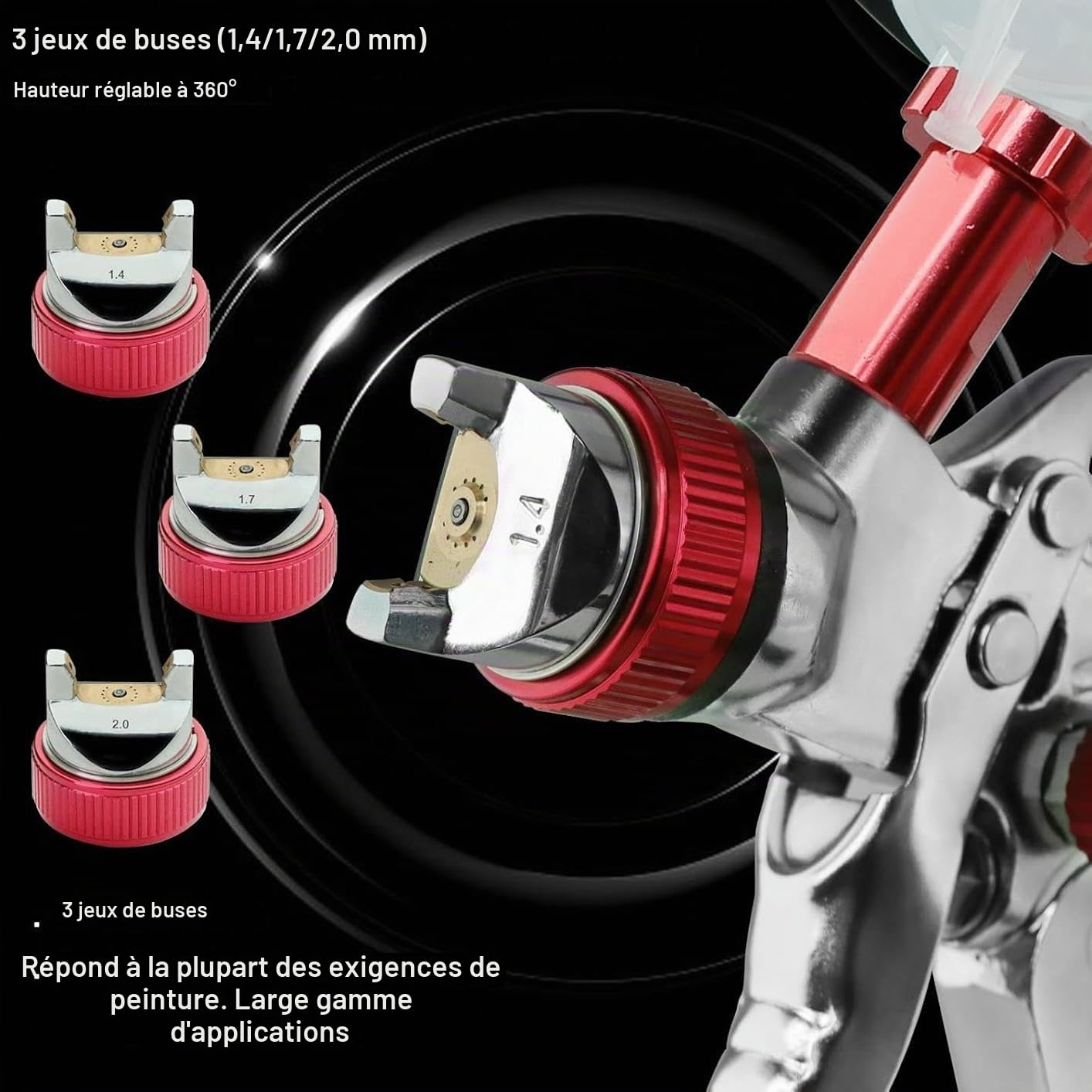 HVLP Pistolet à Peinture Professionnel avec 3 Buses de 1,4 mm, 1,7 mm, 2,0 mm, avec gobelet en Plastique de 600 ML, 10 gobelets jetables de 600 ML, Pistolet (Rouge)