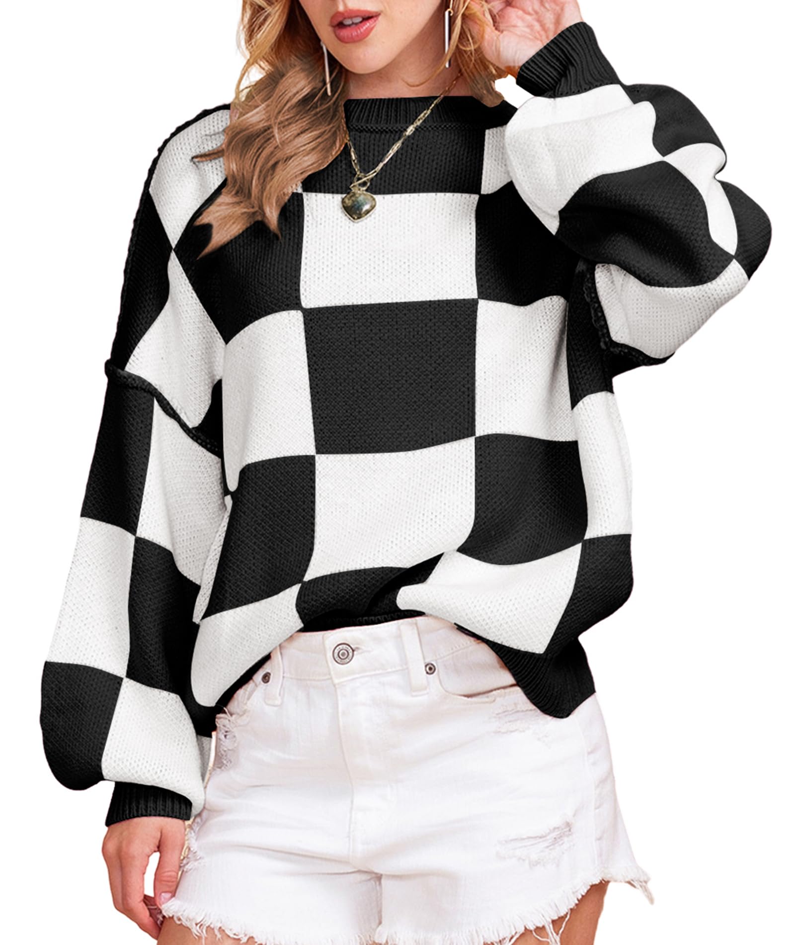 Womens Sweater Checkered Lantern Long Sleeve Fall Pullover Sweaters Ribbed Knit Jumper Top