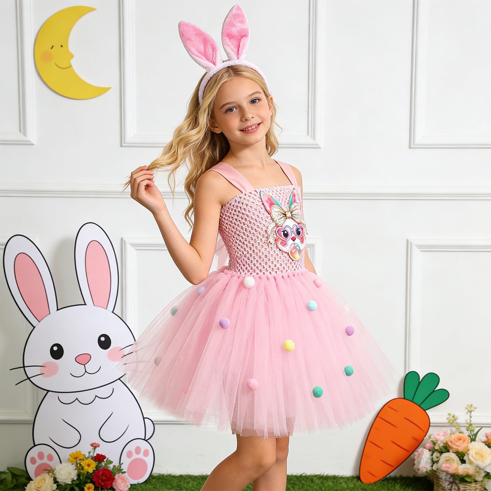 Générique Déguisement Lapin Pâques Enfant 2026 Robe Dessin Animé Jupe Bouffante Carotte Amovible Fille Costume Fête