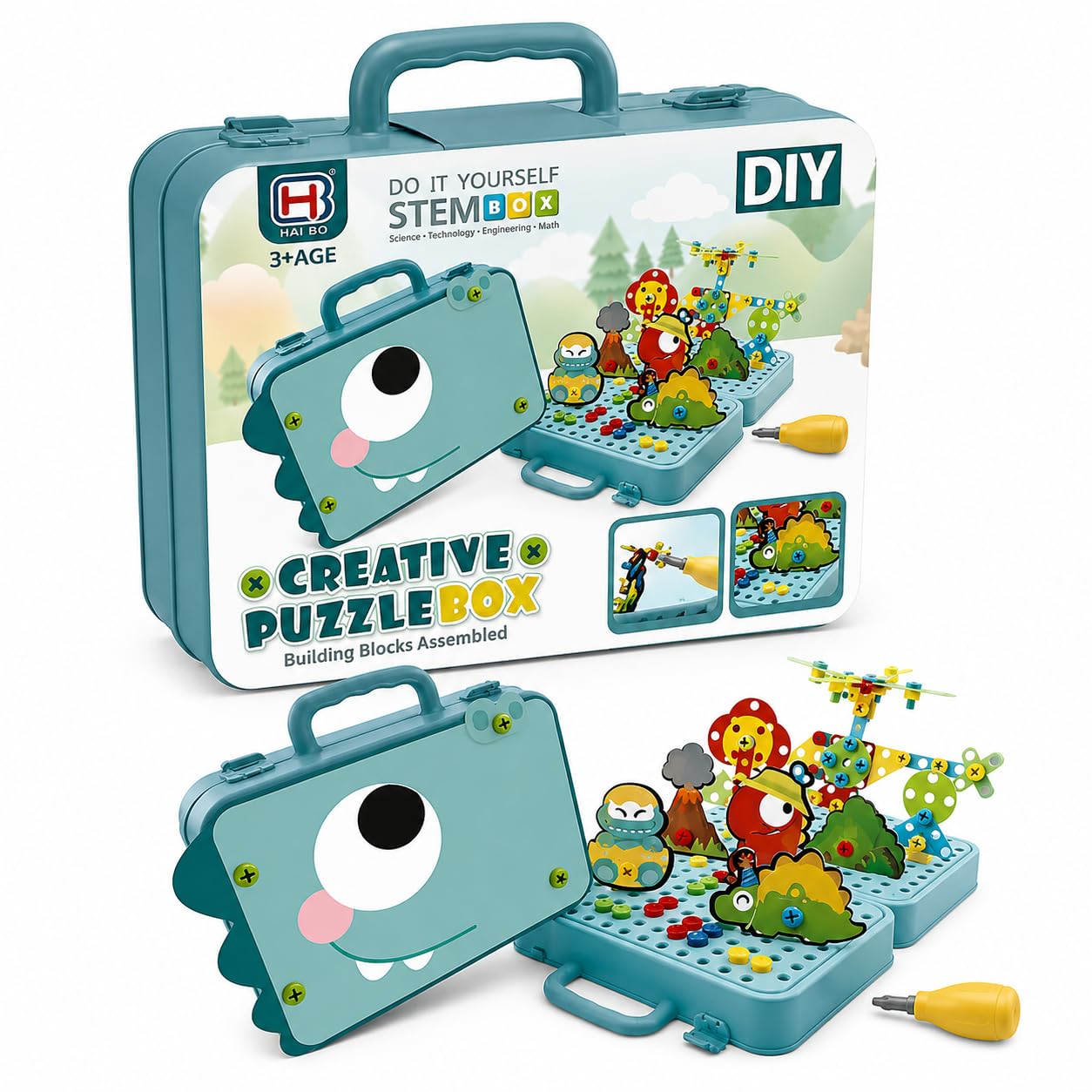 Creative Toolbox with Toys Electric Drill Screwdriver Tool Set Creative Mosaic Puzzle Toy - 203 Pieces Electric Drill Toy & Rainbow Fasteners, STEM Building Set for Kids 3+ Years Old (Multicolor)-image-42