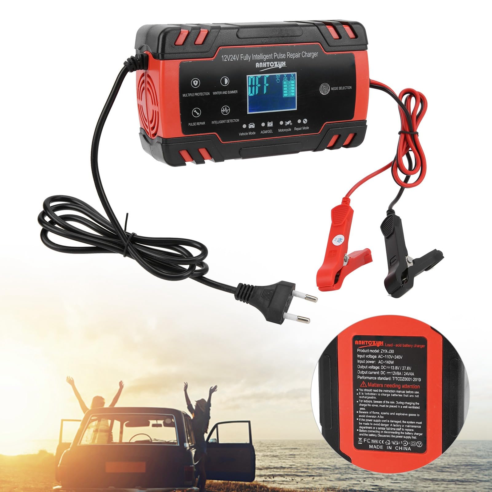 Aramox Chargeur de Batterie de Voiture, Chargeur de Batterie 12V/24V 2-150Ah Réparation Automatique Intelligente pour Moto de Voiture 110V-240V(Norme européenne)