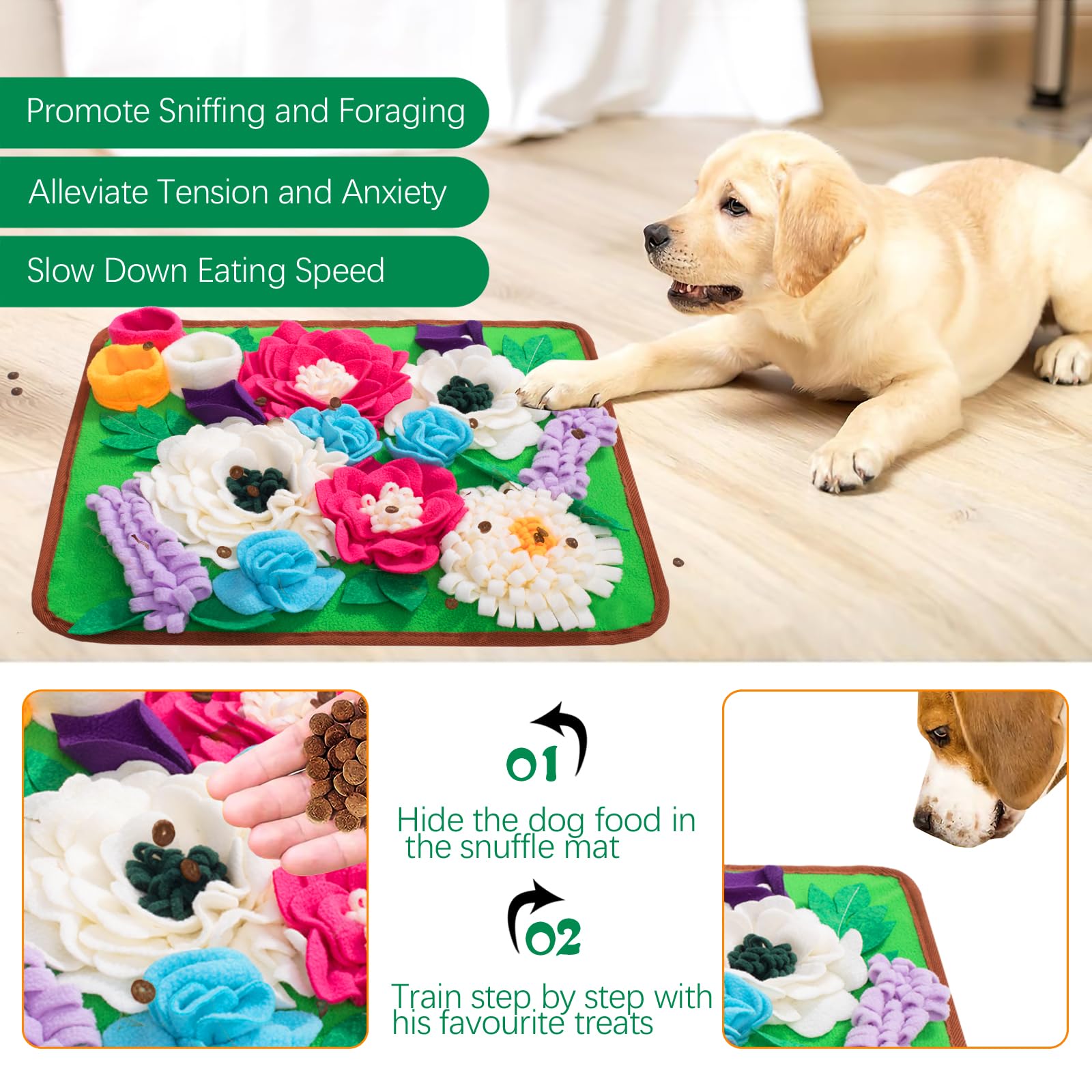 Schnüffelmatte für Hunde, Leckerlis, Fütterungsmatte für kleine/mittelgroße Hunde, rutschfest, tragbar, langlebig, interaktives Hunde-Puzzle-Spielzeug, fördert natürliche Futtersuche (Grün)