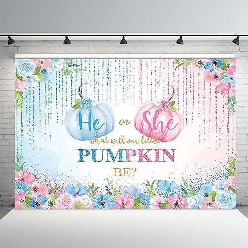 MEHOFOND Fondo para revelación de género de calabaza de otoño de 7 x 5 pies, fondo floral azul o rosa, calabaza pequeña, revelación de género, para