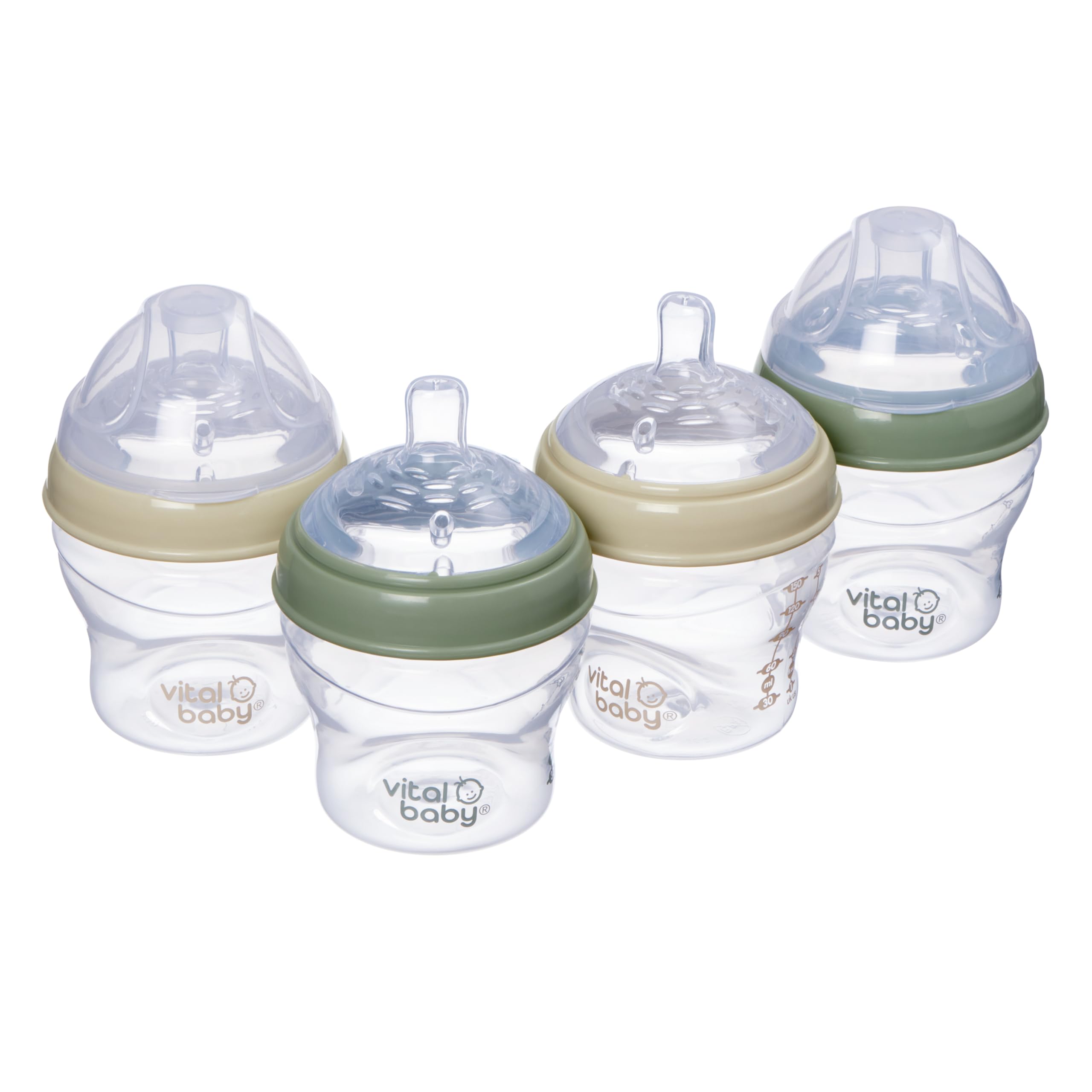 Vital Baby Breast-Like Baby Feeding Bottles 0m+, 150ml, Self-Sterilising in 3 Mins, Triple Anti-Colic Valves, Slow Flow Teats, EarthSmart Biodegradable, BPA-Free, 4 Pack