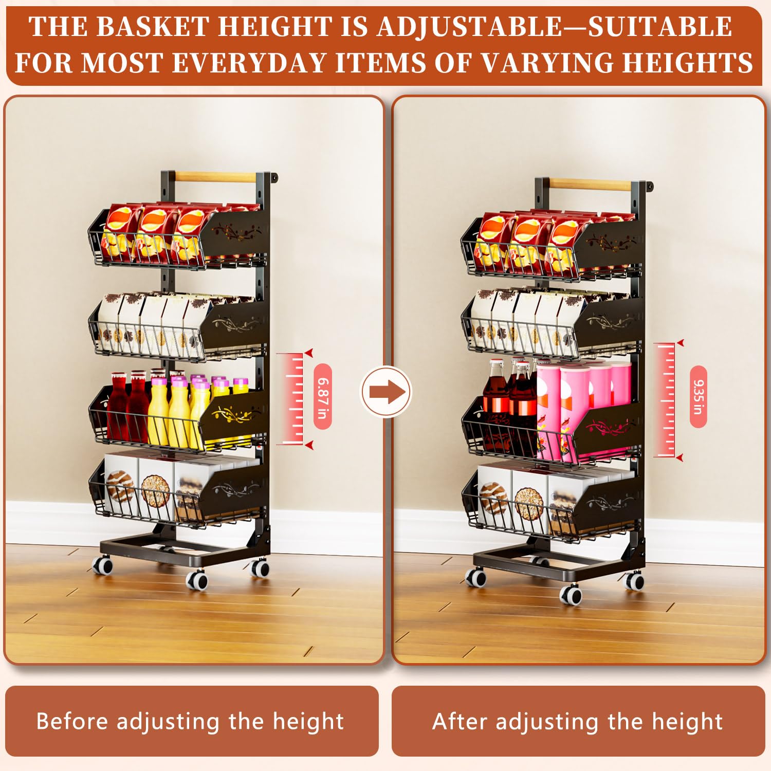 Carrito de almacenamiento de cocina de 4 niveles con ruedas, mejorado más ancho y grueso, carrito de almacenamiento multiusos para despensa y cuarto de servicio (incluye 6 ganchos laterales)
