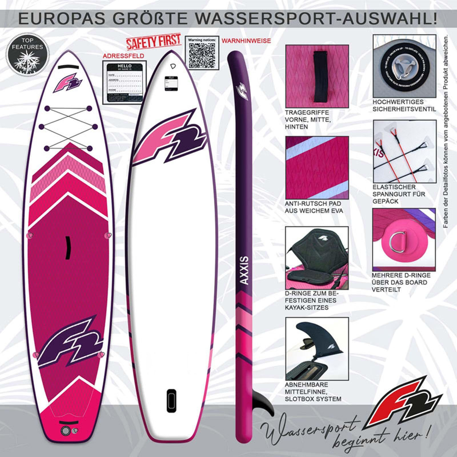 F2 Stand Up Paddle Board AXXIS - Damen SUP Größe wählbar Pink 2024/2025
