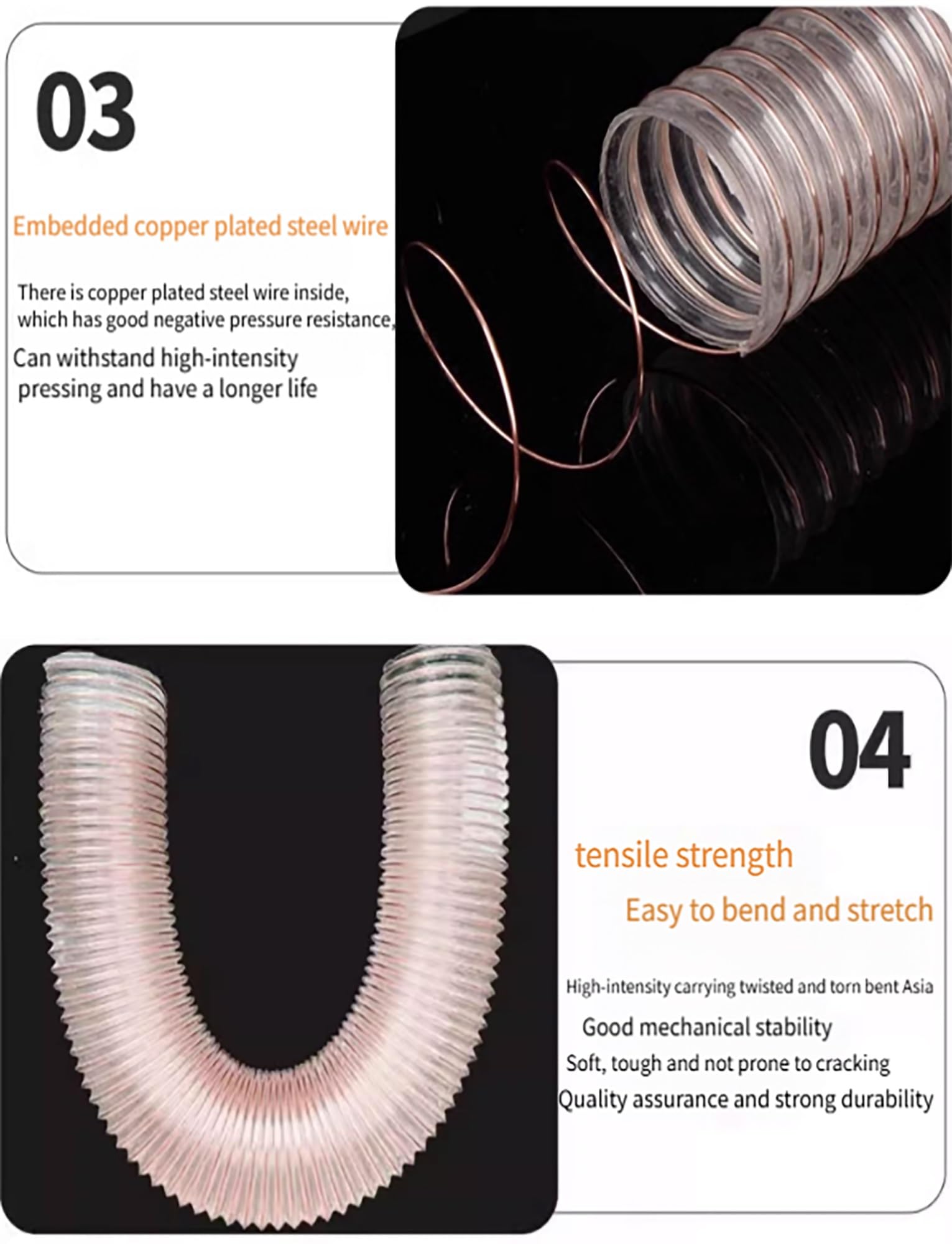 Manguera de vacío flexible con separador de polvo de 0,93 mm de grosor, resistente a perforaciones y con alambre de acero revestido de cobre.(160mm/6.3 in)