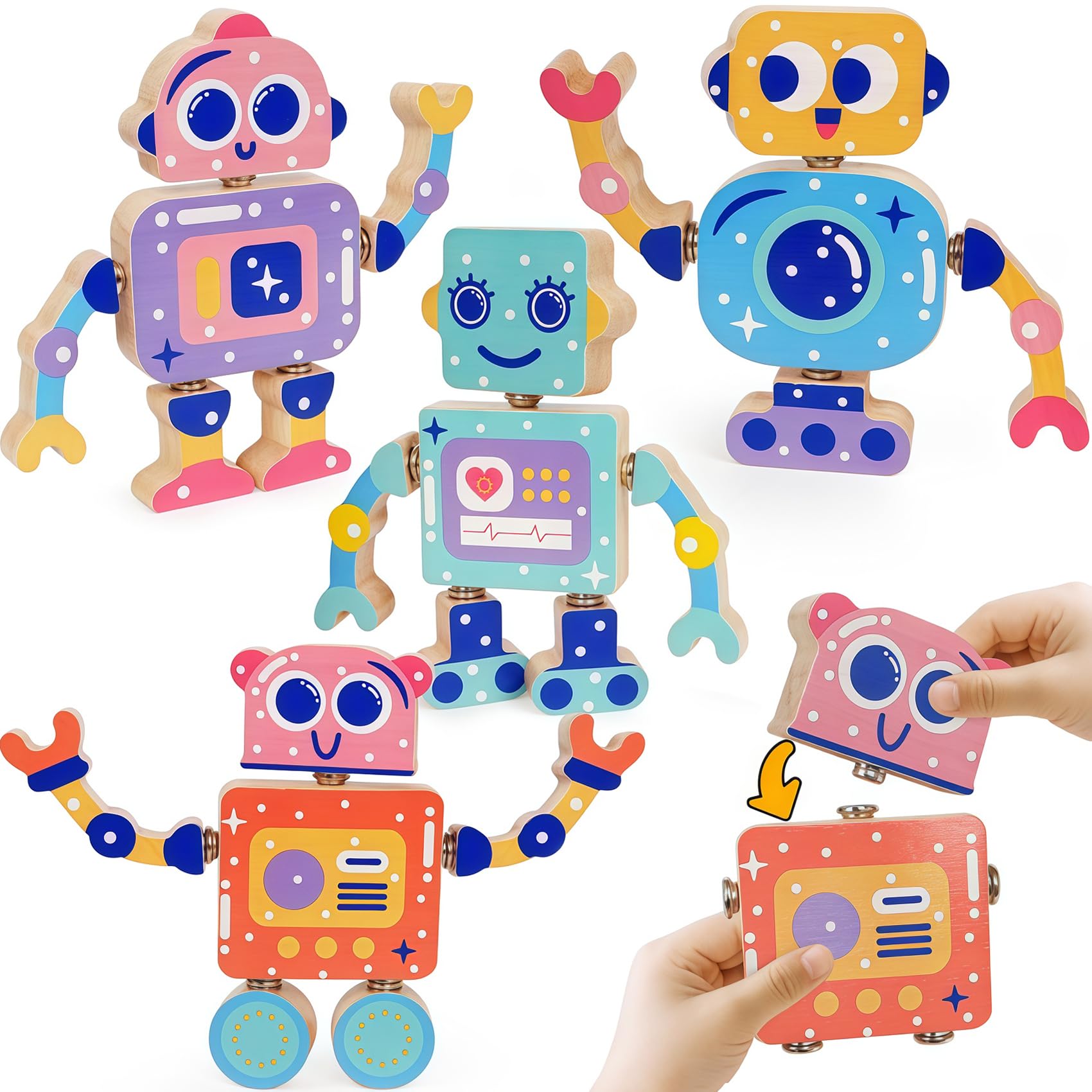Juguetes robot para niños de 3 a 5 años, juguete de aprendizaje de madera Montessori con características desmontables robots, juego educativo STEM juegos de motricidad fina para niños y niñas