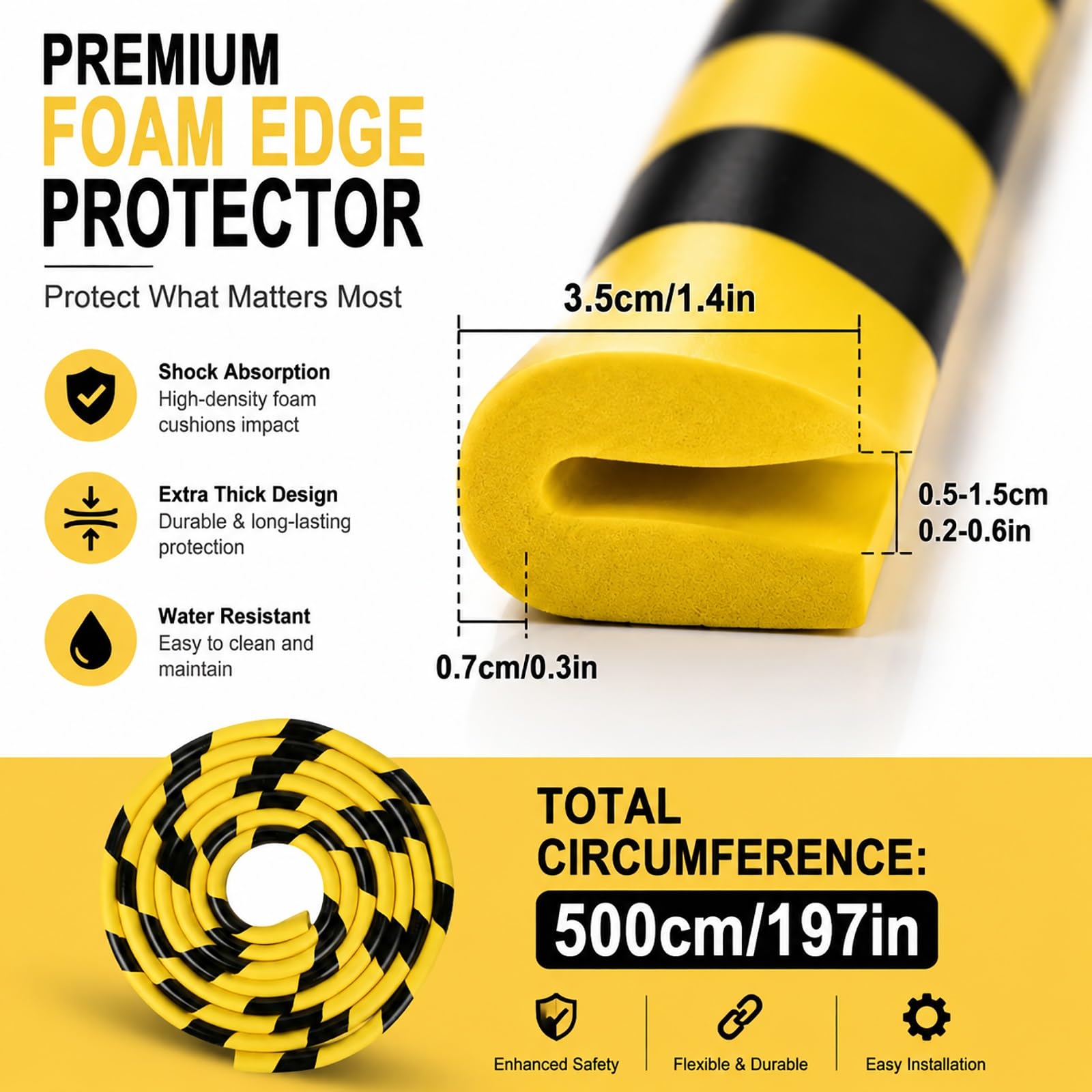 Protector Esquinas Pared Espuma Industrial, Pack de 4 Tiras Amortiguadoras 500cm Negro Amarillo, Protector Mural Autoadhesivo para Columnas y Garaje