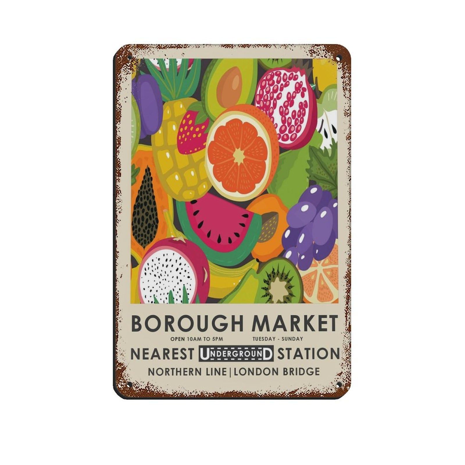 Borough Market, Farmers Market, Kitchen Retro Poster Metal Tin Sign Chic Art Retro Iron Painting Bar People Cave Cafe Family Garage Poster Wall Decoration 8x12inch(20x30cm)