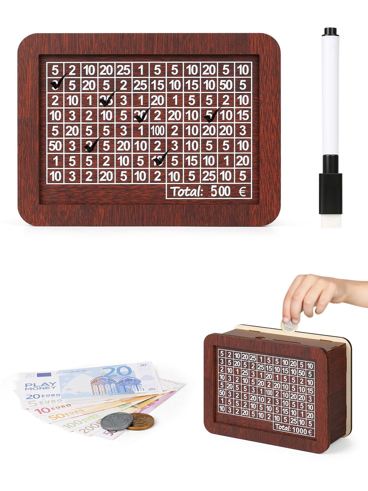 Spardose aus Holz, €500 Sparbox Retro Sparbüchse Aufbewahrungsbox, Wiederverwendbare Spardose mit Sparziel und Zahlen zum ankreuzen für Spar Challenge