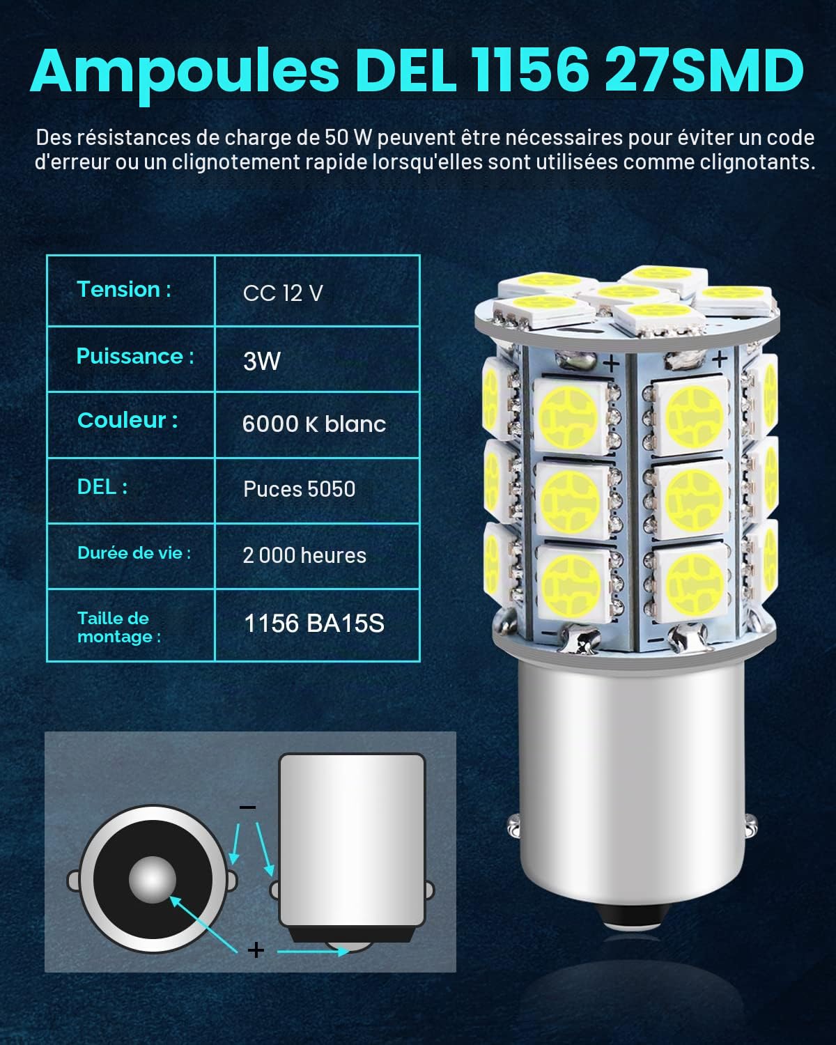 Defvnsy P21W 1156 BA15S Ampoules LED, 1141 7506 1003 Ampoule 12V Extrêmement Brillant 6000K Blanc, 27SMD 5050 Ampoules LED Voiture pour Fex de RV, Camping, Voiture, Caravane, Remorque (Lot de 10)