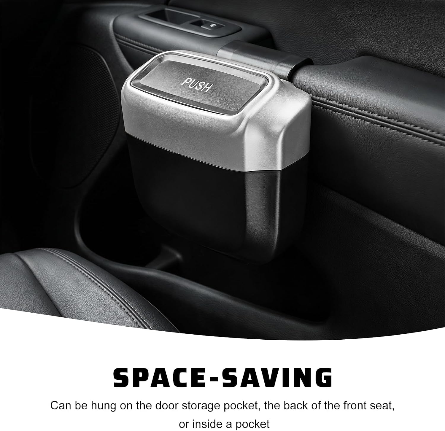 2PCS Auto Trash Can with Lid, Leakproof Waterproof Car Plastic Dustbin with 60 Garbage Bags, Portable Hanging Rubbish Organizer for Most Vehicles Office Home, Car Accessories (Silver)