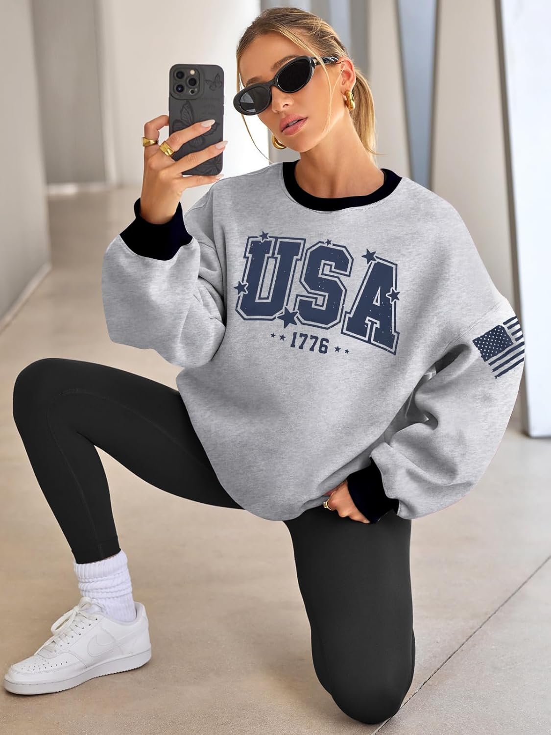 ASTANFY USA Letter Sweatshirt Womens Casual Long Sleeve Graphic Shirts American Team Flag CrewNeck Pullover Tops - Image 5
