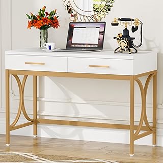 Tribesigns Computer Desk with Two Drawers, Modern Study Writing Desk with Storage, Makeup Vanity Table Office Desk with Gold Metal Frame for Home Office, Bedroom, White & Gold