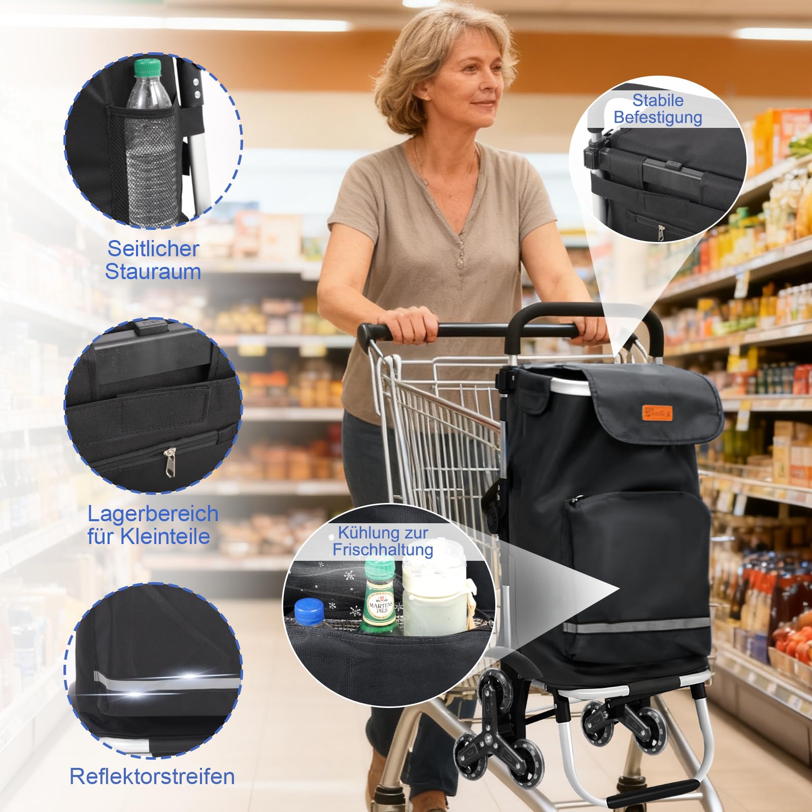 Sekey XXL Einkaufstrolley Treppensteiger mit 3 Rädern, Einkaufswagen für Camping und Einkäufe mit Höhenverstellbarem Griff, Aluminium 3-in-1 Trolley, Inklusive Kühlfach und Getränkefach, Schwarz