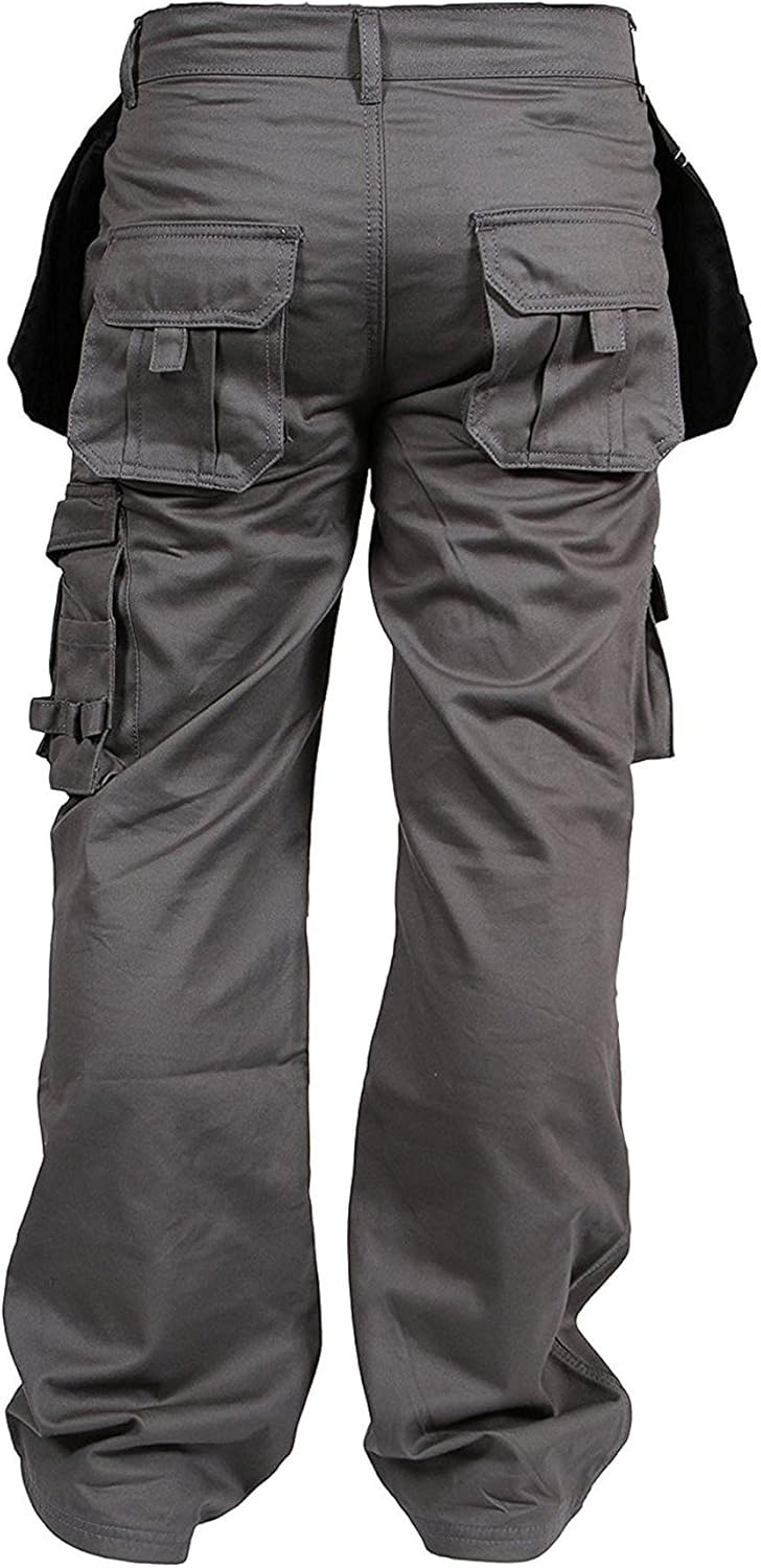 Mens Cargo Trousers Working Pants Cordura Knee Pockets Grey W34-L32