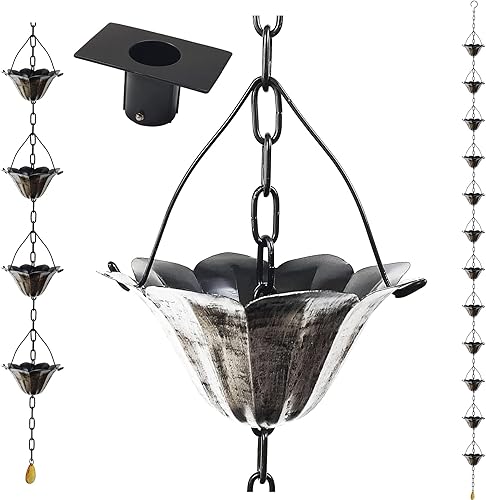 Cadenas de lluvia de loto de color plateado antiguo de 8.5 pies para canalón de drenaje a través de bajadas y barril de lluvia con adaptador de