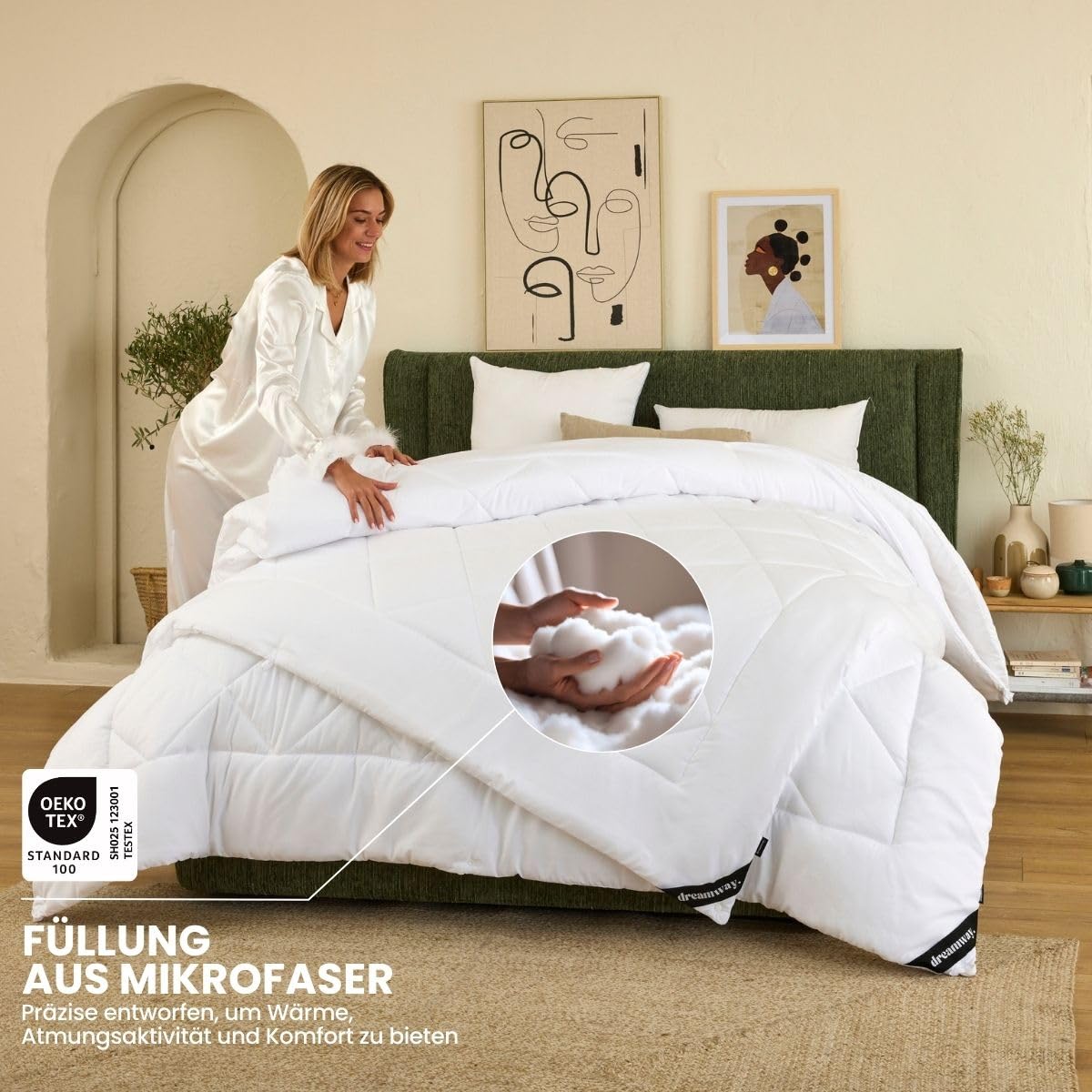 DREAMWAY Bettdecke 220x240 cm 4 Jahreszeiten – 2-teilige Steppdecke: 300gsm Ganzjahresdecke + 150gsm Sommerdecke – kombinierbar für Sommer, Winter & Übergang – Weiß