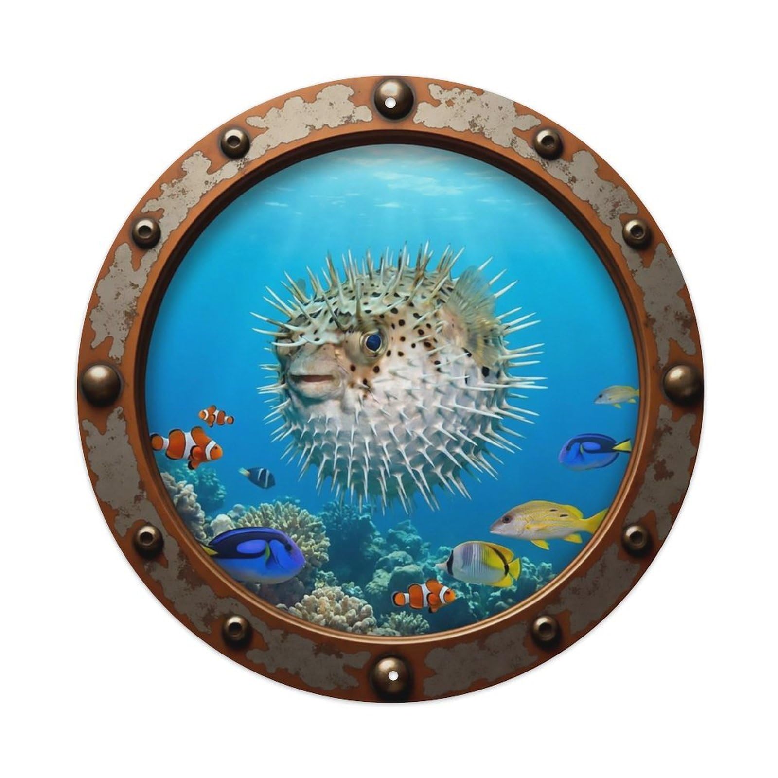 Odgynaw 8X8inch(20X20cm) Vintage Porthole Porcupinefish Nautical Window View Metal Tin Sign
