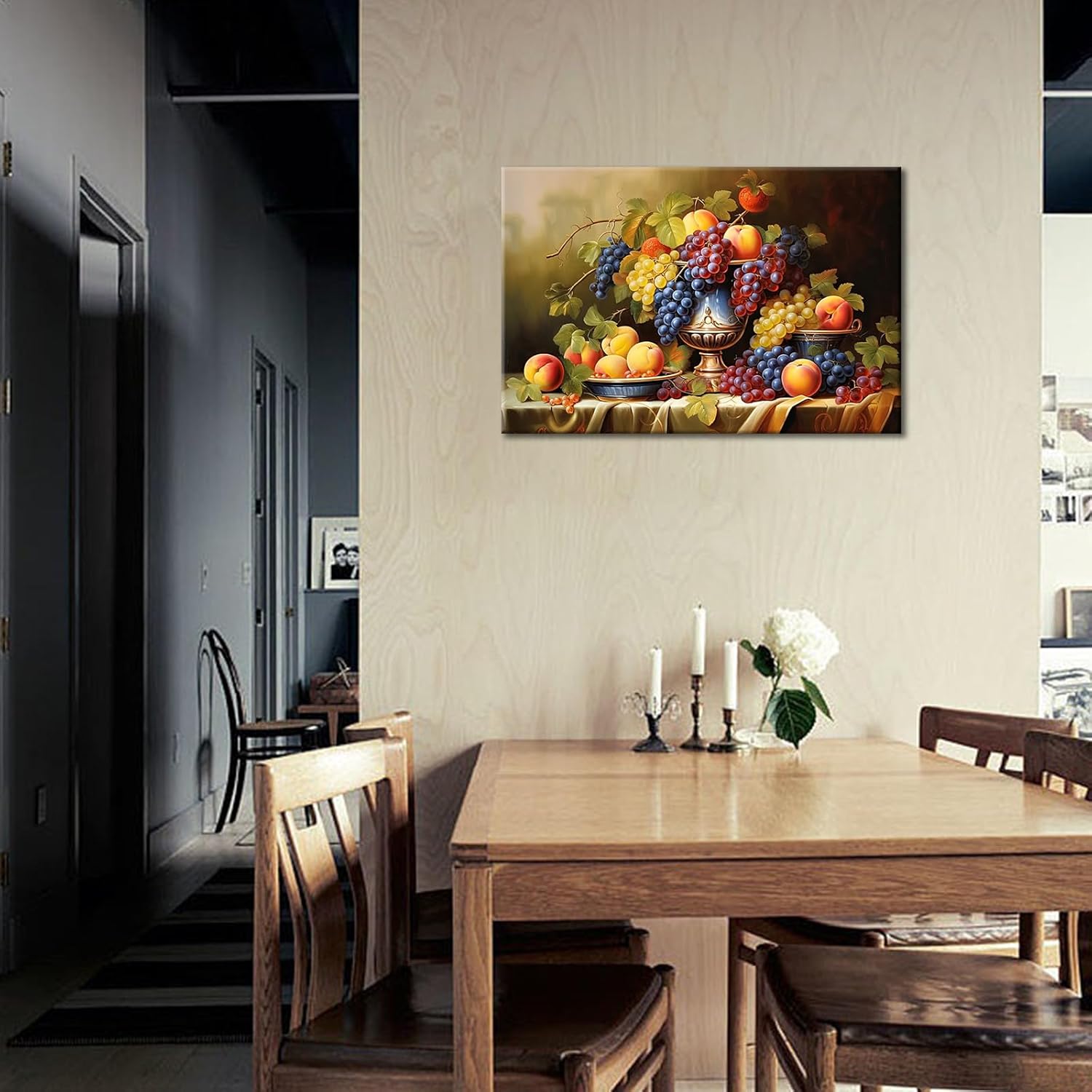 Kitchen Fruit Canvas Wall Art Vintage Still Life Painting Fruits and Grape Print Picture Rustic Farmhouse Colorful Framed Food Art for Dining Room Home Decor
