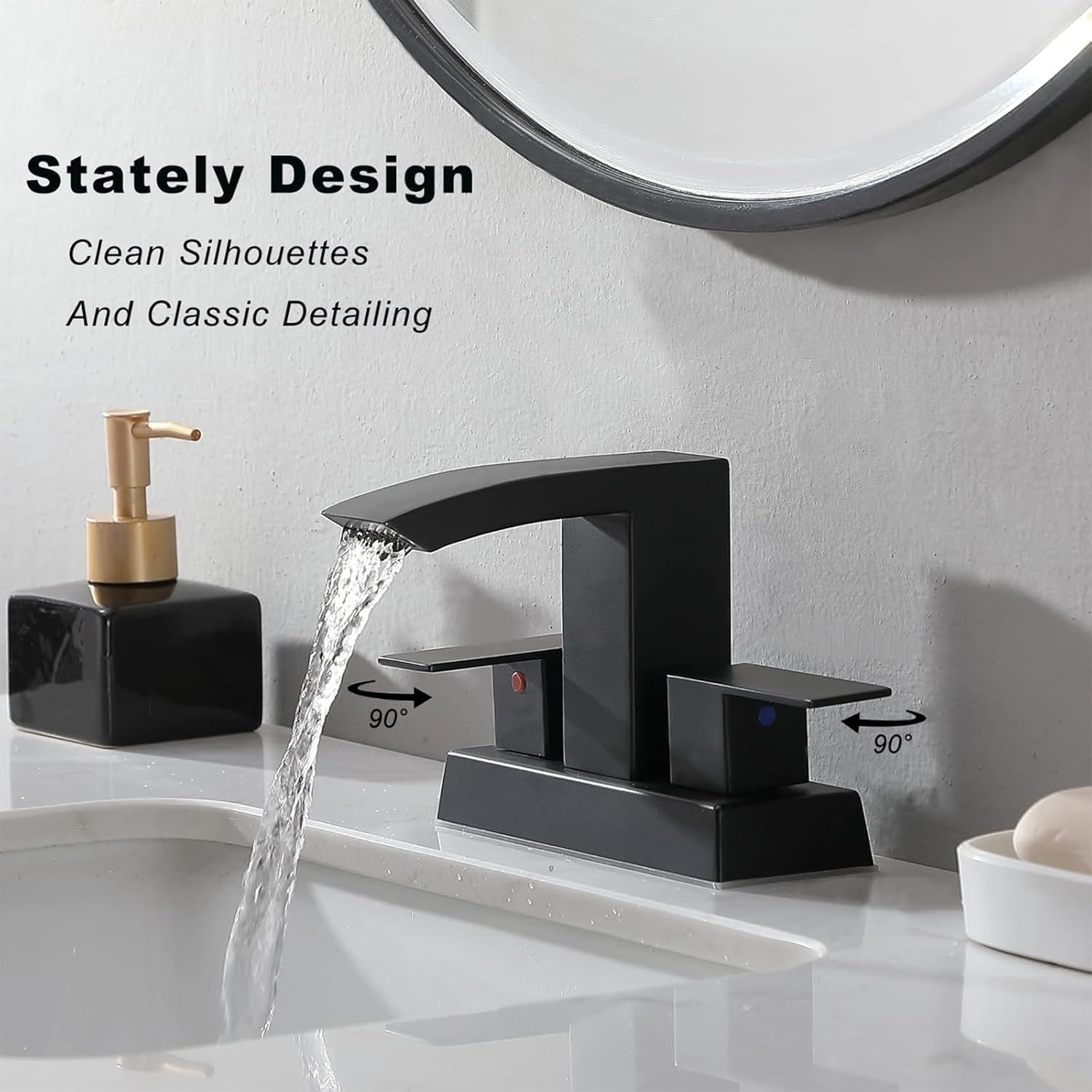 Friho Black Waterfall Bathroom Faucet, 4 Inch Centerset Bathroom Sink Faucets, 3 Hole 2 Handle with Square Spout, Pop up Drain and Water Hoses for Lavatory RV Vanity - Image 4