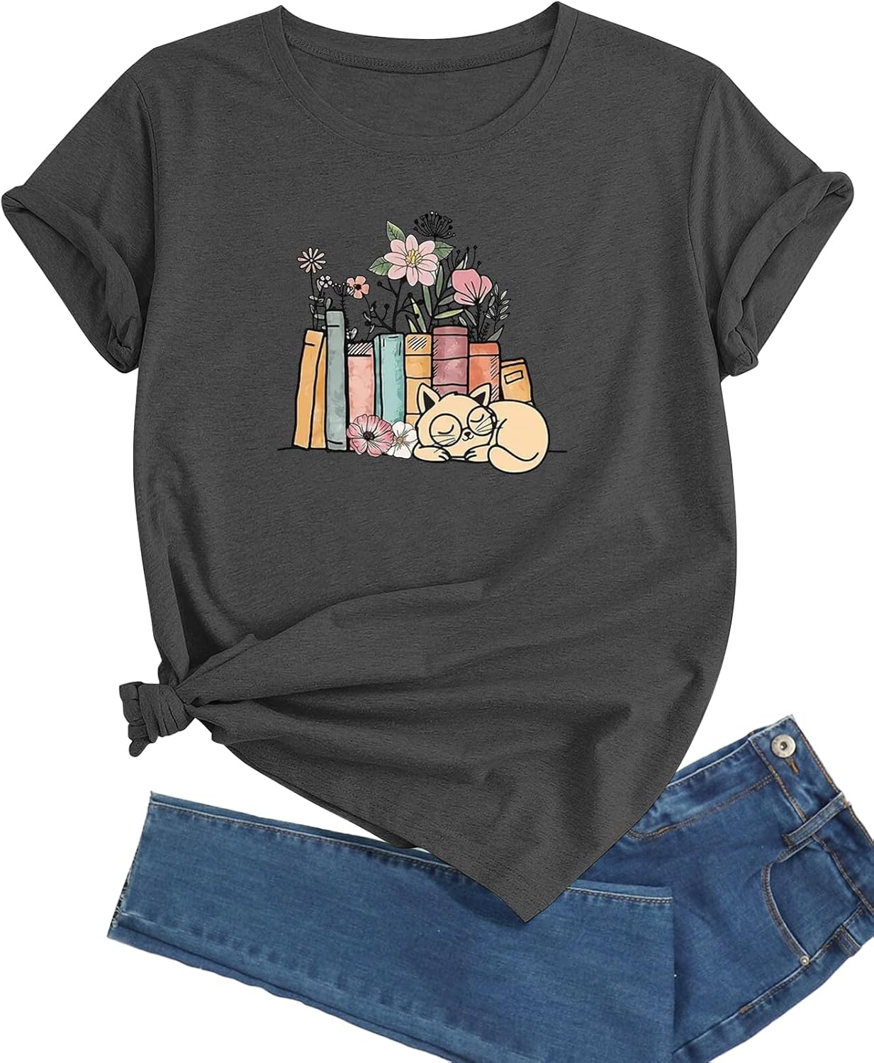 J&DHUASHA Women's Cat Shirt Funny Cat Book Floral Graphic Tshirt Casual Short Sleeve Tee Top