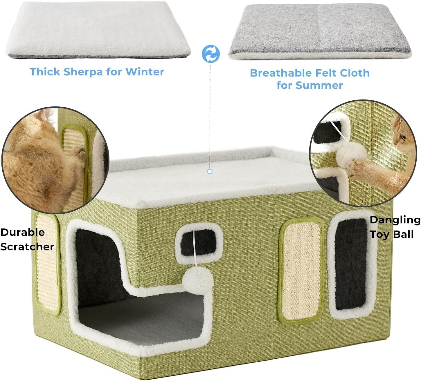 بيت قطط للقطط الداخلية، بيت قطط كبير وواسع للغاية للحيوانات الأليفة مع كرة ناعمة للتعليق ووسادة خدش، سرير قطط قابل للطي ومخبأ للقطط المتعددة، مقاس 58× 42 × 33 سم، لون رمادي