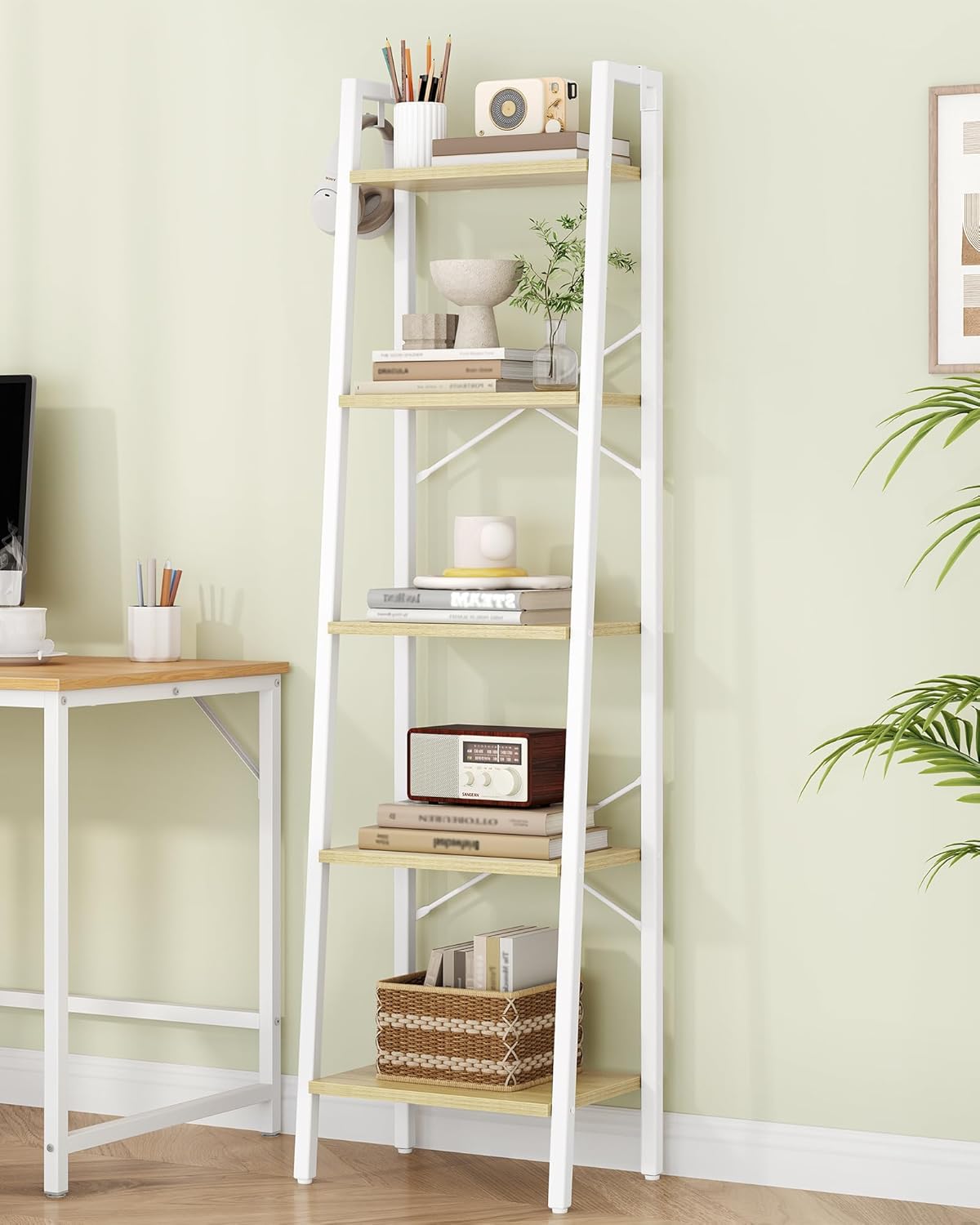 Ladder Shelf, Bookshelf Bookcase, Freestanding Corner Storage Shelve with 2 Hooks for Home Office, Living Room, Kitchen, Bedroom, Industrial, 11.8" D x 17.3" W x 63" H, White Oak and White