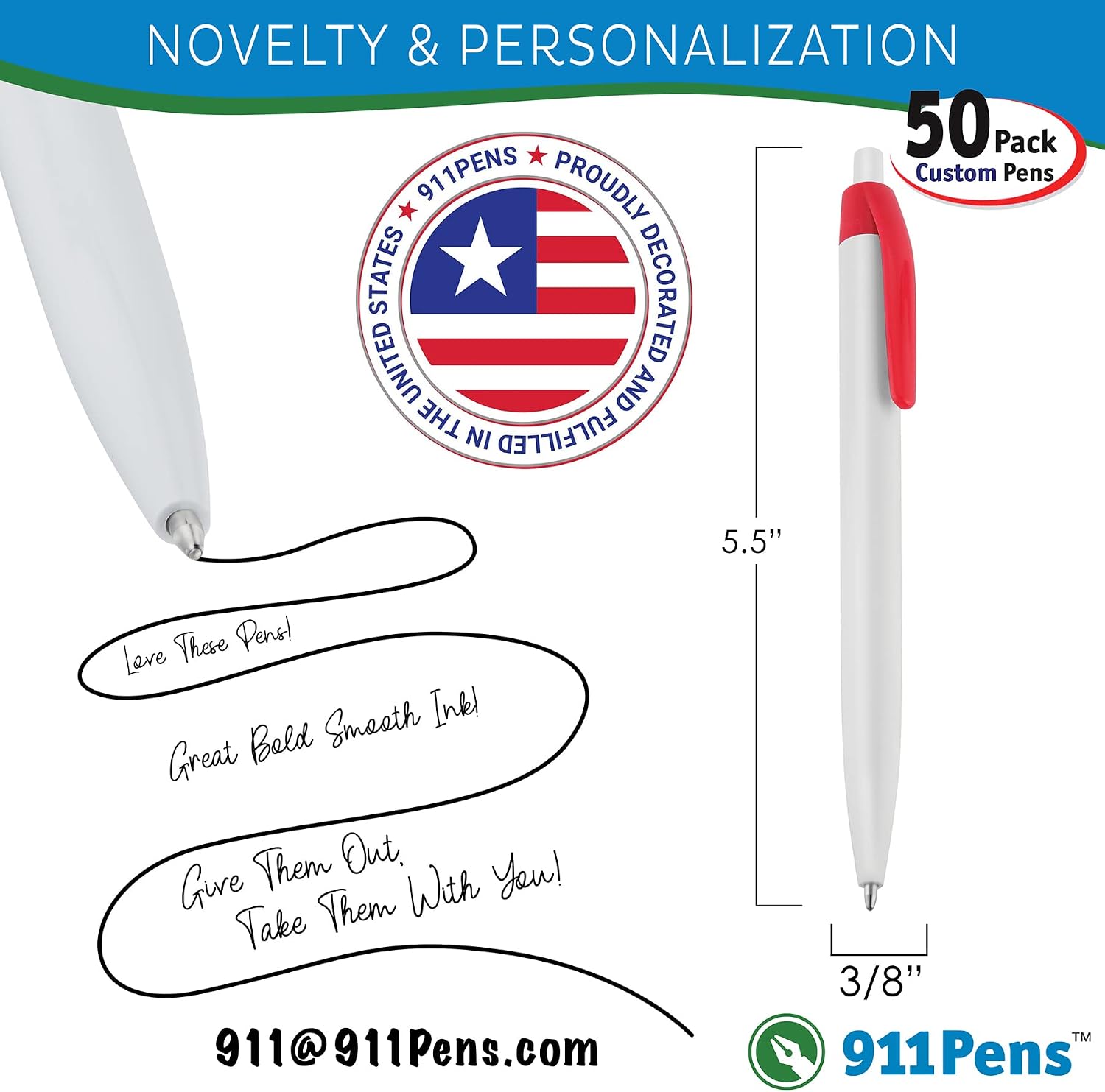 (50 Red Pens) USA Printed, Personalized Writing Ink Ballpoint Novelty Pens, Custom Printed with Your Logo & Text