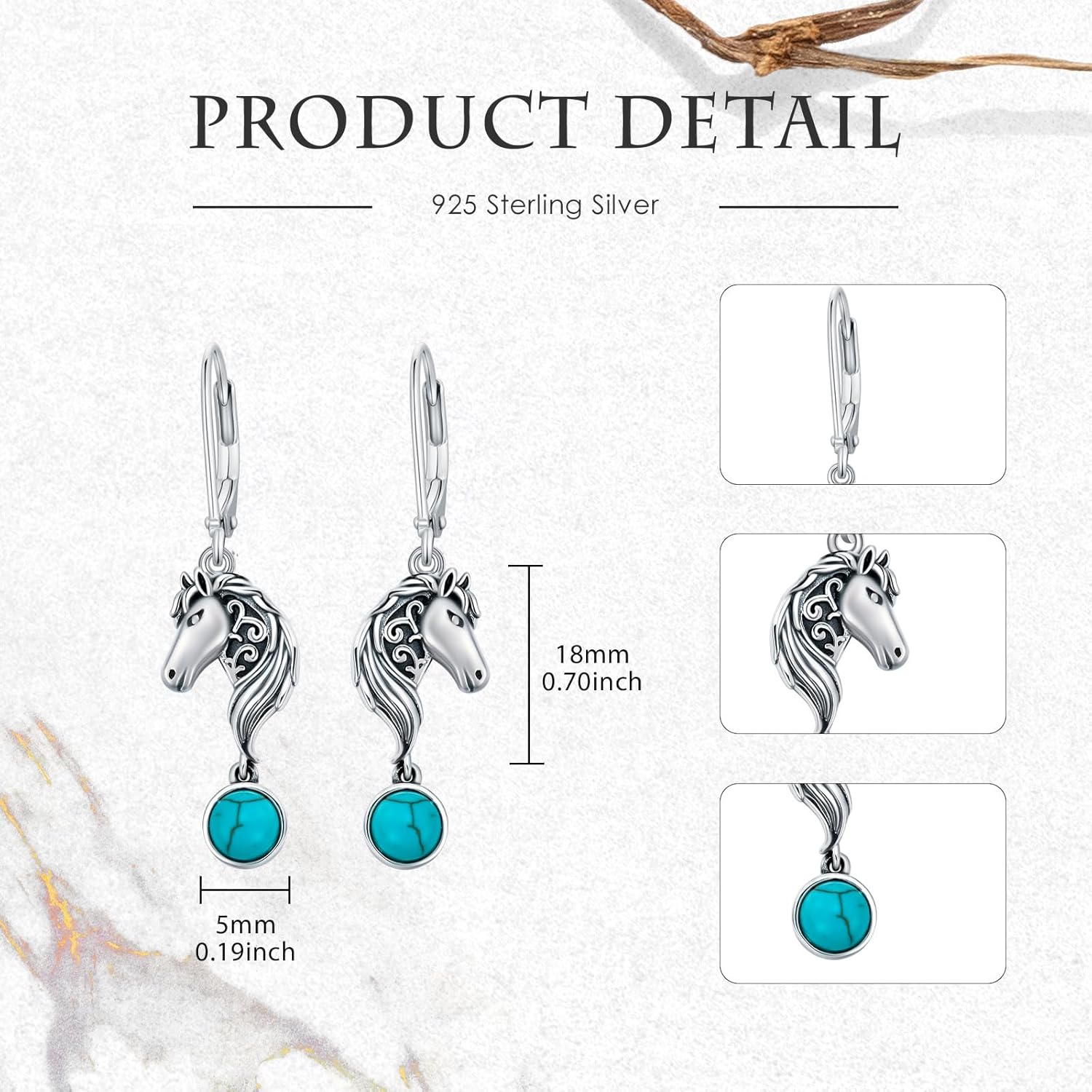 Vintage Green Turquoise with Elephant/Fox/Horse/Dolphin Dangle Earrings 925 Sterling Silver Genuine Round Turquoise with Animal Leverback Earrings Anniversary Women Gifts
