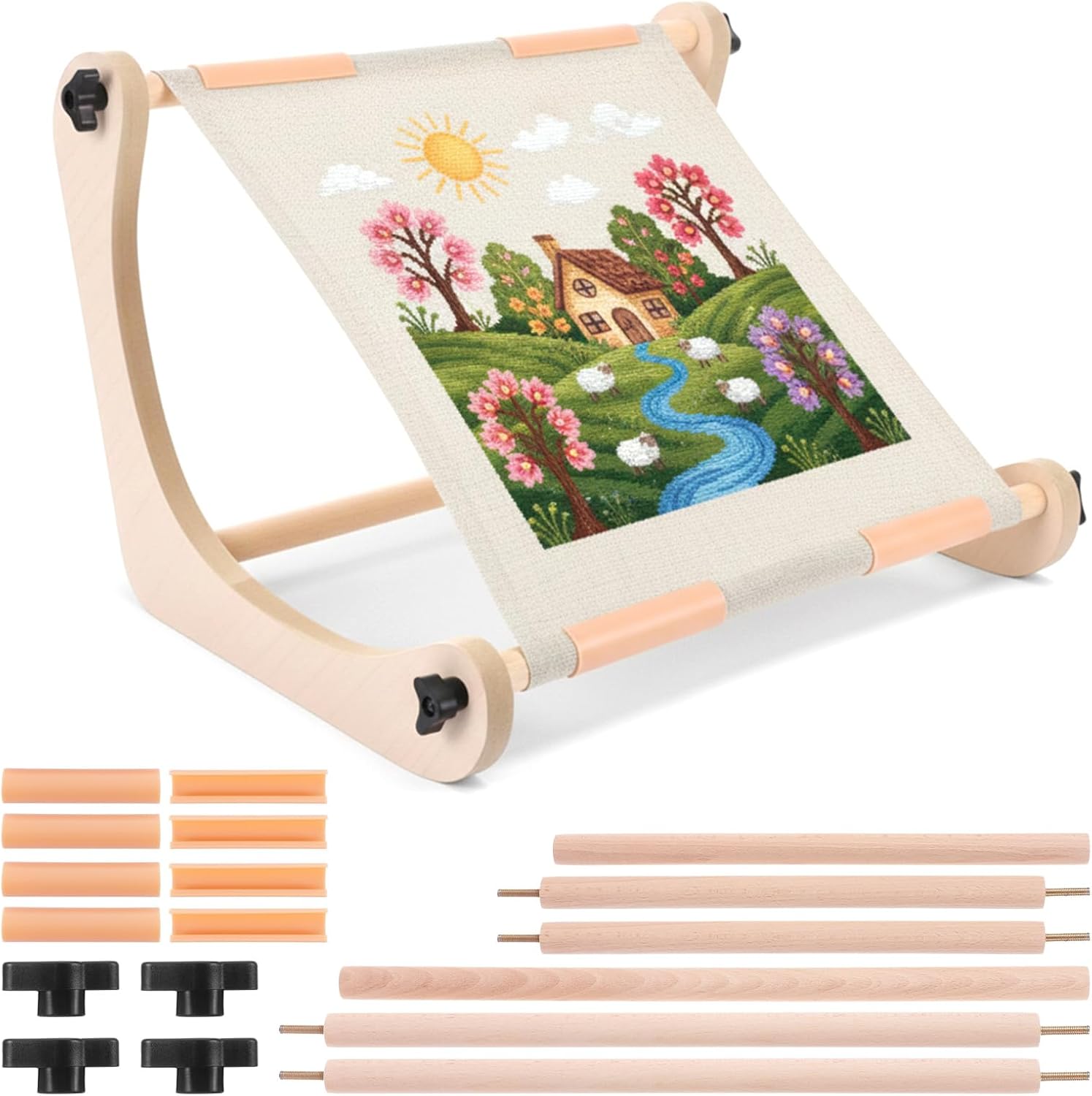 AOZUO Adjustable Embroidery Table Stand, Hands-Free Cross Stitch Hoop Stand, Wood Embroidery Hoop Holder Cross Stitch Scroll Frame for Lap or Table Top Stitching Sewing Supplies with 2 Sizes Rod