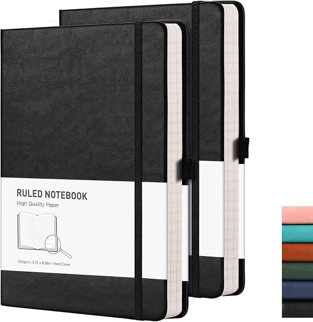 RETTACY Notebook A5 Lined Hardback 2 Pack - Thick Journal with 376 Numbered Paper,2 Free Sticky Notes Divider,100gsm Paper,8 Perforated Sheets, Pen Loop, Inner Pocket, 14.5 x 21cm (Black Black)