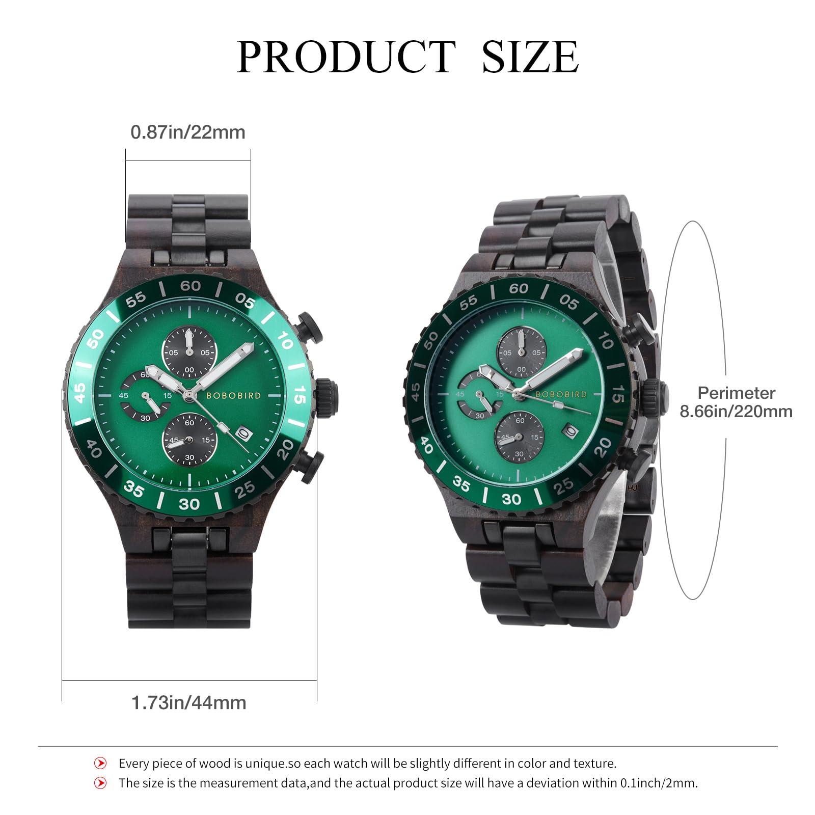 BOBO BIRD Orologio da uomo in legno, cronografo, al quarzo, con datario, quadrante grande 43 mm, lancette luminose, orologio da polso in legno naturale e acciaio inossidabile, regalo per lui