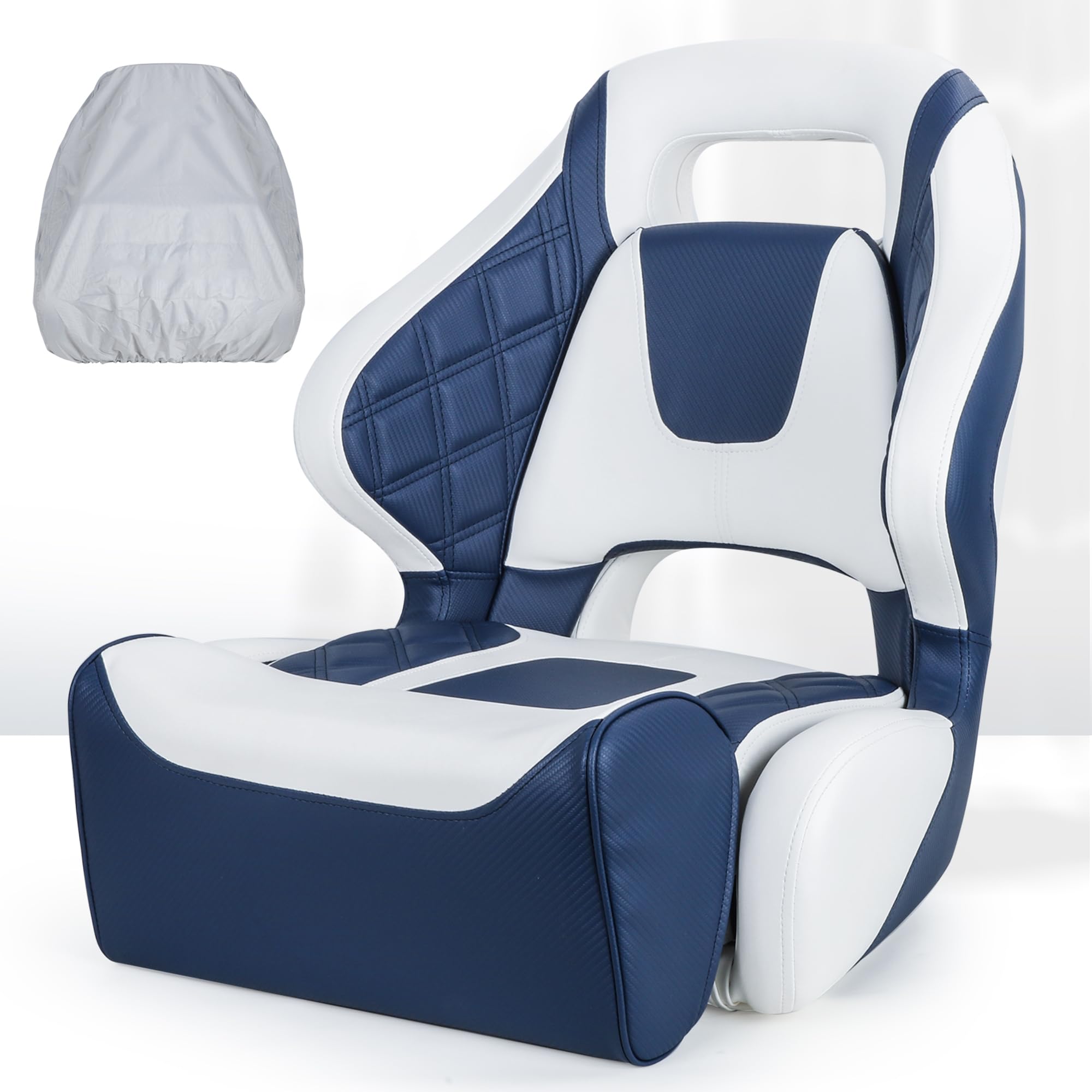 NESHULT Premium Pontoon Captain Bucket Seat Sports Flip Up Bolster Boat Seat with Seat Cover,White/Navy Blue