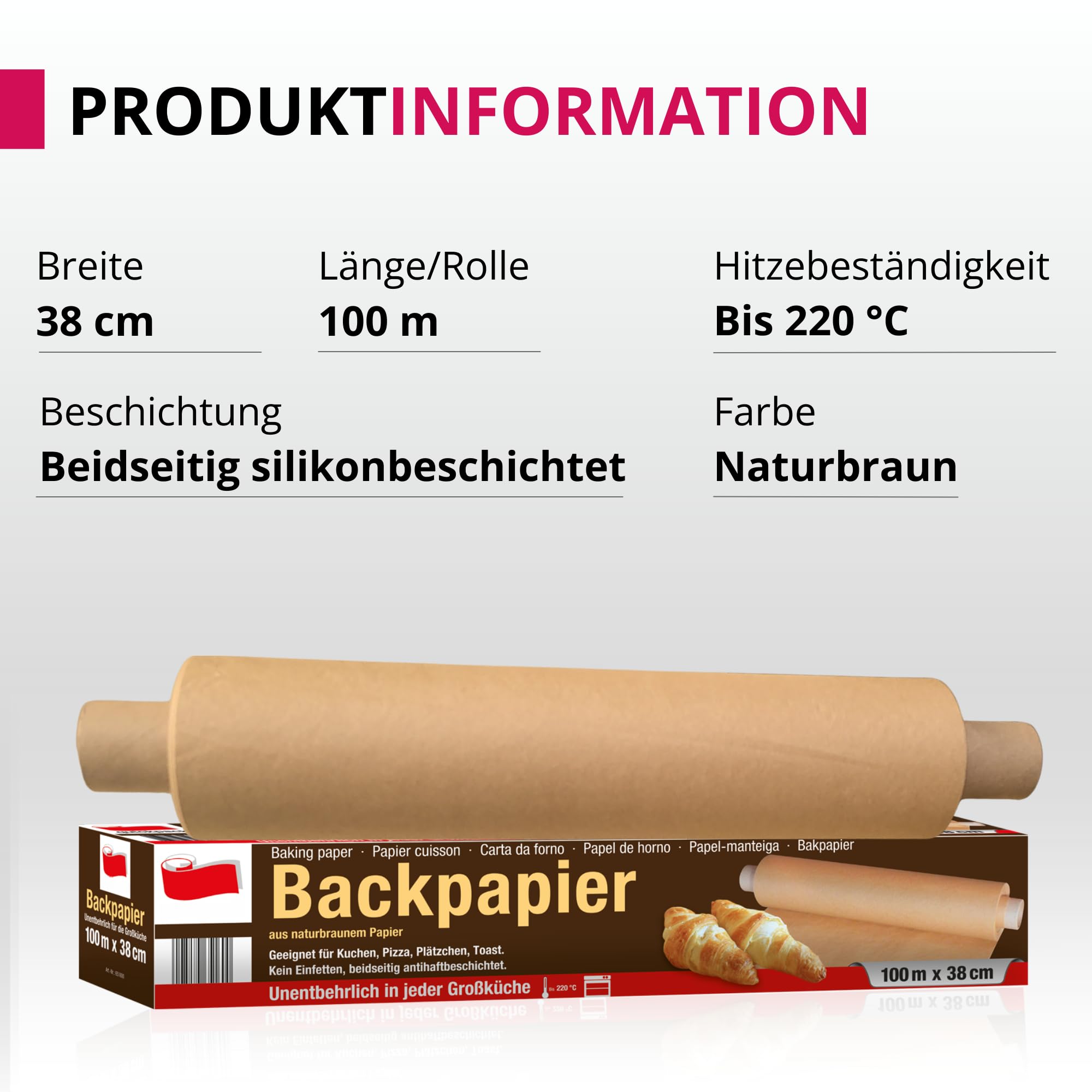 SULENO 5 x Backpapier Rolle, 38 cm x 100 m, 500 m - 5 Rollen | Antihaftbeschichtet, Hitzebeständig bis 220 °C, Beidseitig Silikoniert, Naturbraun