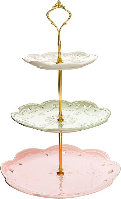 MALACASA, Seria Sweet.Time, 3-poziomowe stojaki na ciasta o wysokości 36,8 cm (15 cm, 20 cm i 25 cm) okrągły ceramiczny stojak na ciasto deserowe, porcelanowy stojak na serwer gastronomiczny ze złotym uchwytem do przenoszenia,