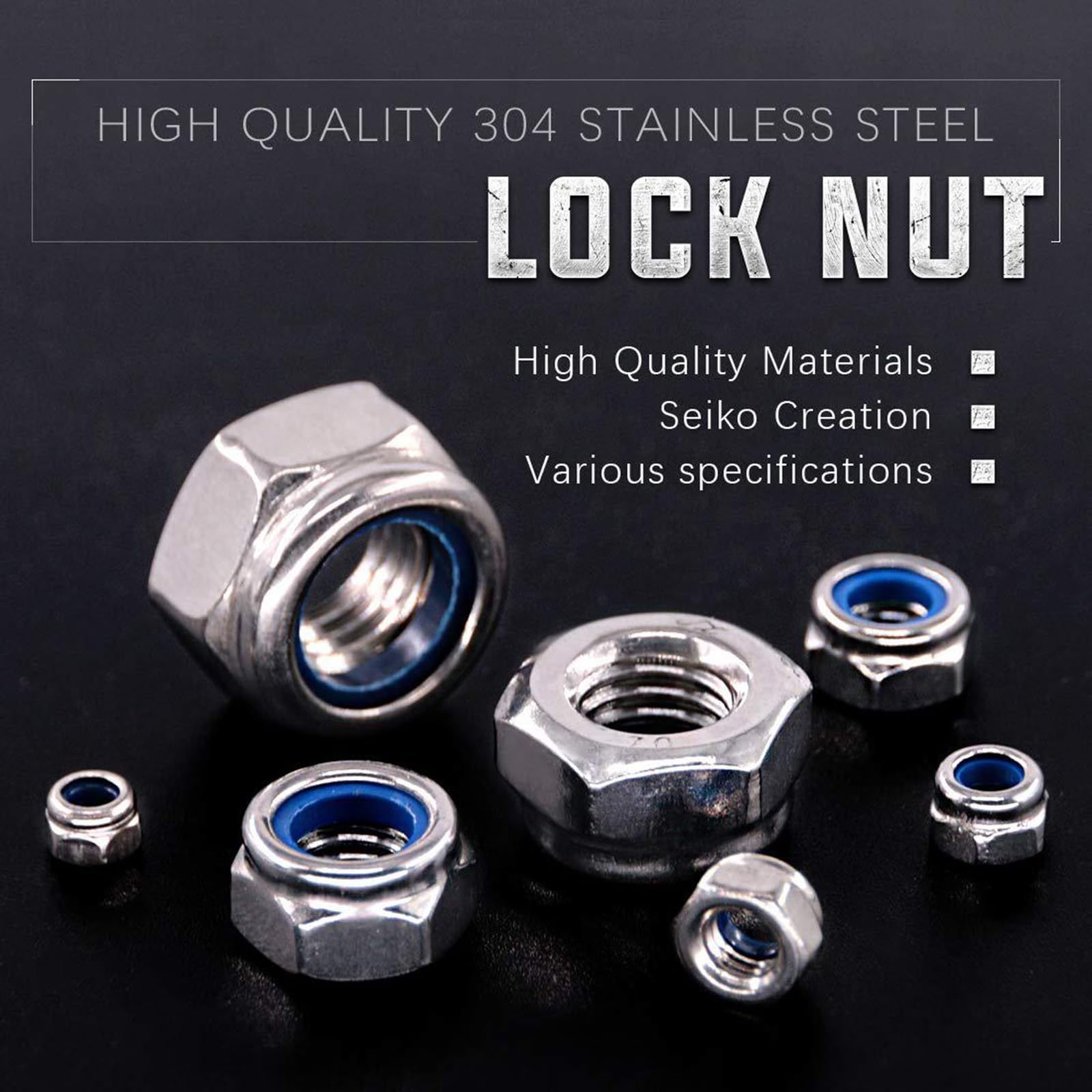 Set di 250 dadi di sicurezza metrici da 3/4/5/6/8/10/12 mm, in nylon, inserto esagonale, inserto in nylon autobloccante