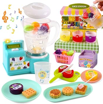 Kids Juicer Toy Set with Color-Changing Fruits, Fruit Cutting Play Food & Pretend Smoothie Maker, Water-Reactive Kitchen Role Play Toy Gift for Toddlers Ages 2 3 4 +