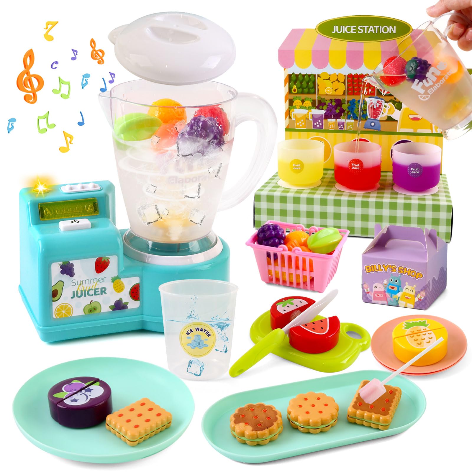 Varrotoy Kids Juicer Toy Set with Color-Changing Fruits, Fruit Cutting Play Food & Pretend Smoothie Maker, Water-Reactive Kitchen Role Play Toy Gift for Toddlers Ages 2 3 4 +