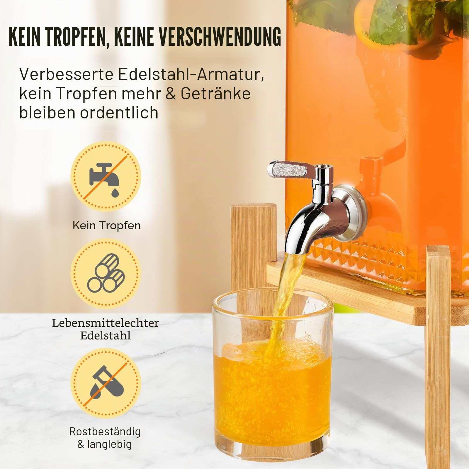 VEVOR Getränkespender, 1,5 Gallonen Getränkespender für Partys, Saftspender aus Glas mit Ständer, Zapfhahn aus Edelstahl, Eistee-Limonadensaft-Wasserspender, für Restaurants, Hotels, Partys
