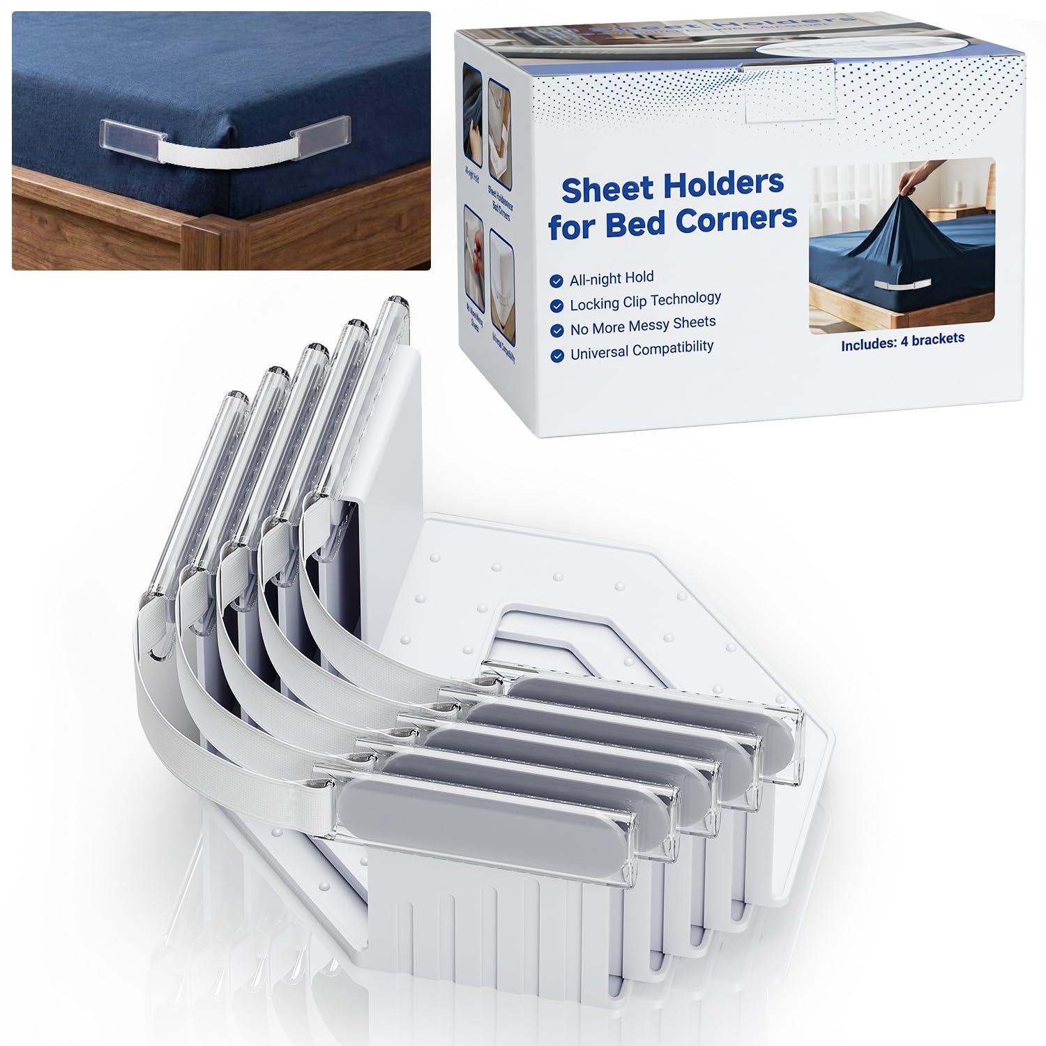 Bed Sheet Fasteners 4PCS Corner Holders, Adjustable Elastic ABS+PC Non-Slip Clips, Transparent Hidden Lock Strap, Fit for 11-30cm Mattress, Cotton Silk Flannel, Single Double King, Home & Hospital Use