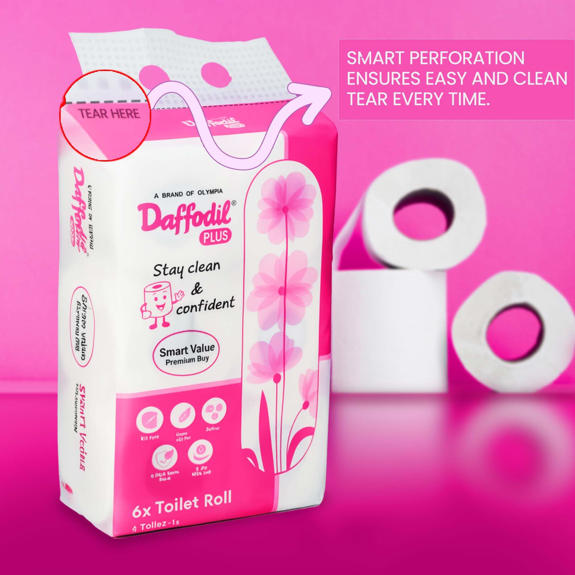 DAFFODIL 2Ply Toilet Paper Tissue – 6 Packs (220 Pulls/Roll, 1320 Pulls Total, 2640 Sheets) UltraSoft Toilet Paper Roll, Strong and Long Lasting for Home or Office Use, - Image 3 thumbnail