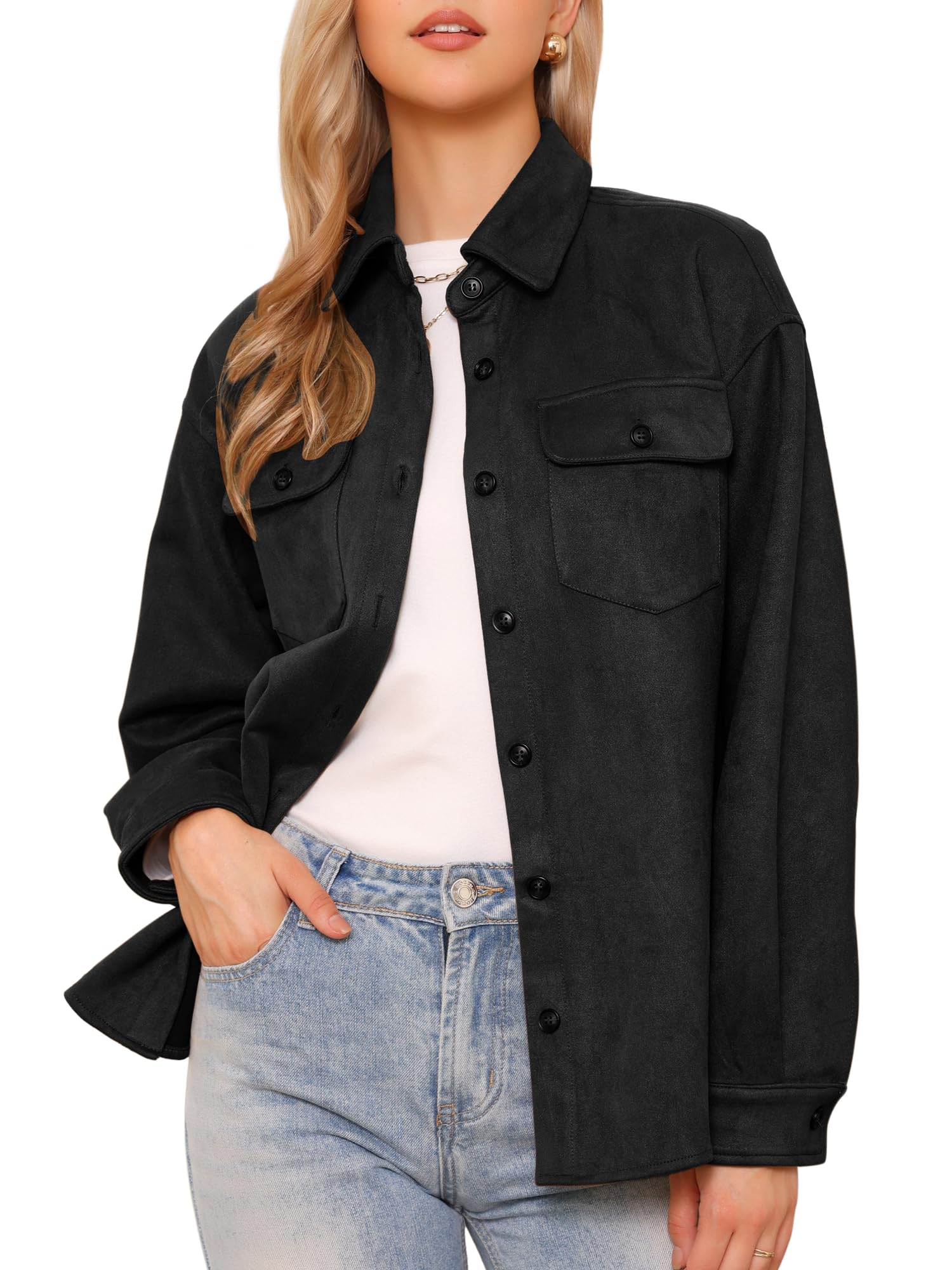 Allegra K Veste en Faux Daim Femme Col Rabattu Manches Longues Blouson Décontractée Boutonnée Vintage