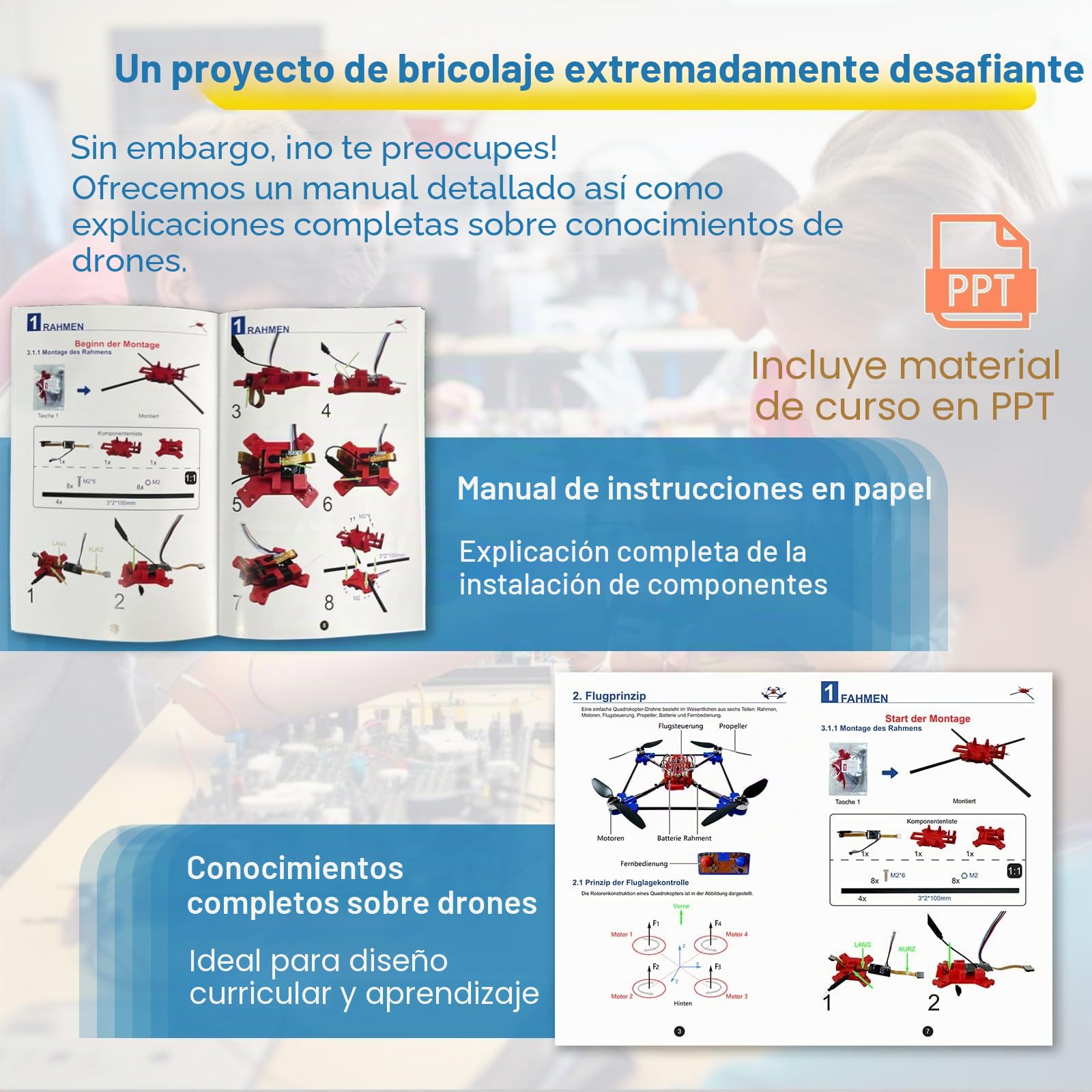 Kit de dron cuadricóptero DIY Un proyecto STEM único con motor sin escobillas, flotación por flujo óptico, despegue y aterrizaje con un clic y giro de 360° para entusiastas del bricolaje, para