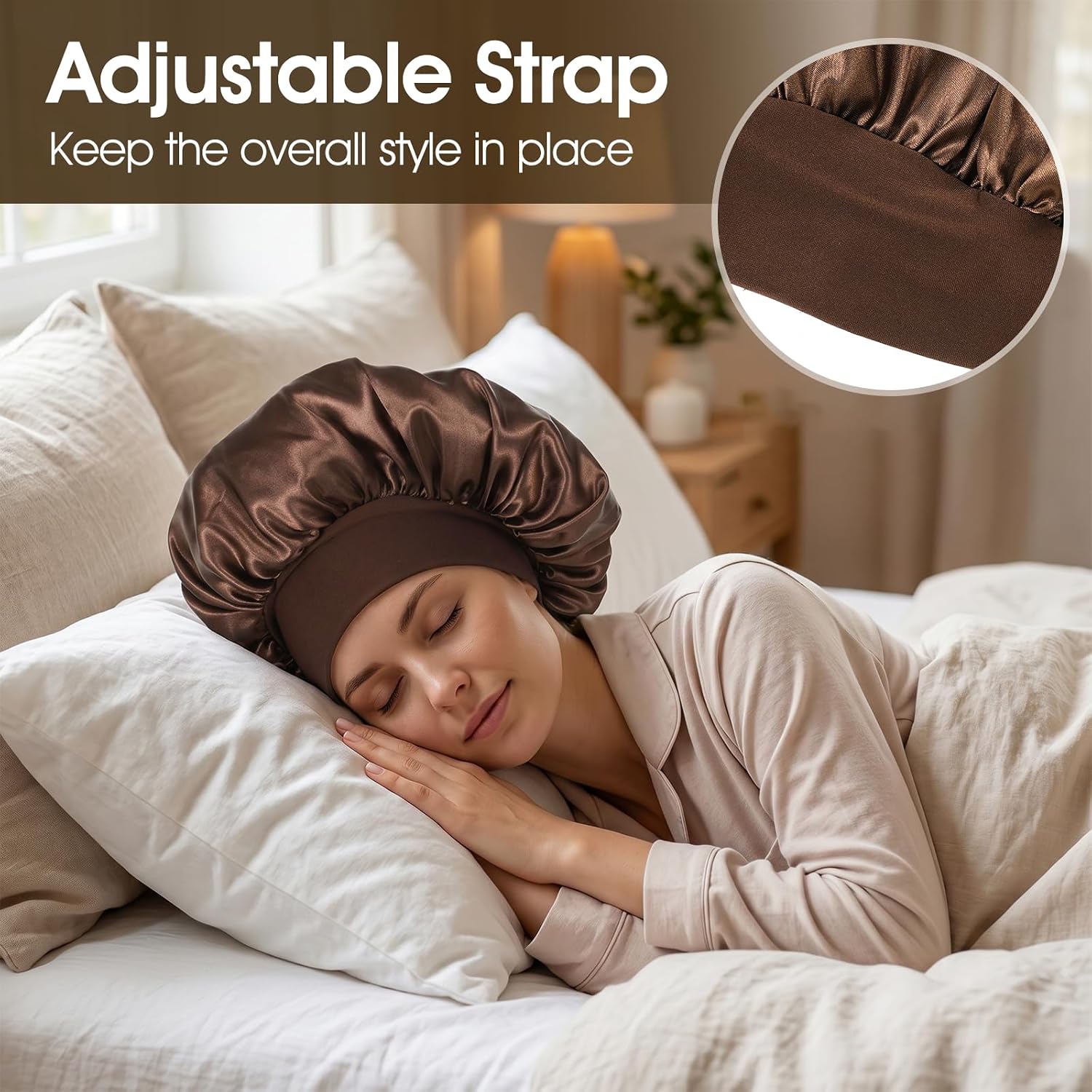 Tyqour Silk Bonnet for Men Women Brown Satin Hair Bonnets for Sleeping, Large Soft Bonnet for Curly Hair Braids, Brown Women Sleep Cap with Wide Band 35cm