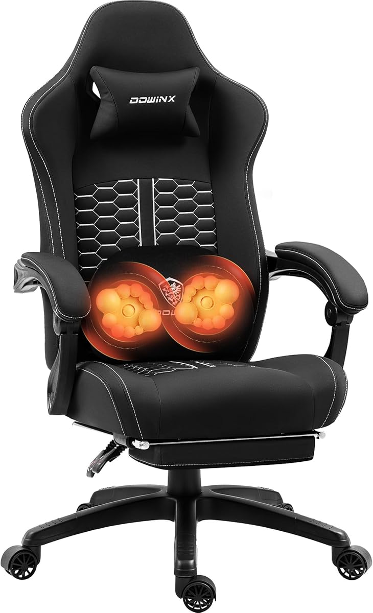 Dowinx Gaming Chair with Heated Massage Lumbar Support, Ergonomic Gaming Computer Chairs with Footrest and Pocket Spring Cushion, Big and Tall PC Gamer Chair for Adult, 330lbs, Black