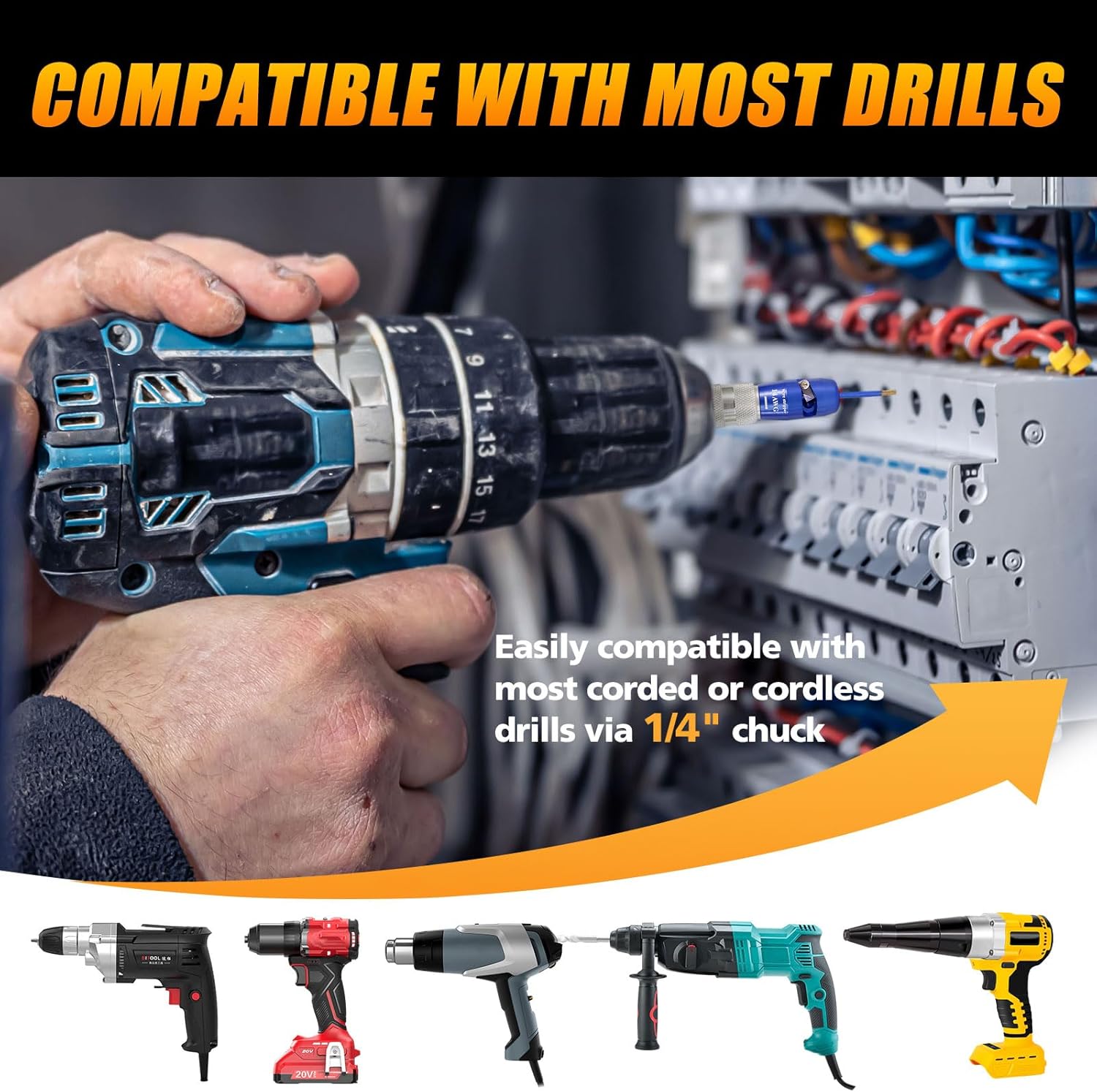 Wire Stripper for Drill, Professional Cable Stripping Tool for AWG 6-8-10-12-14 Gauge, Includes 5 Pcs Wire Strippers, 2 Pcs Wire Twisters, 5 pcs Wire Nuts