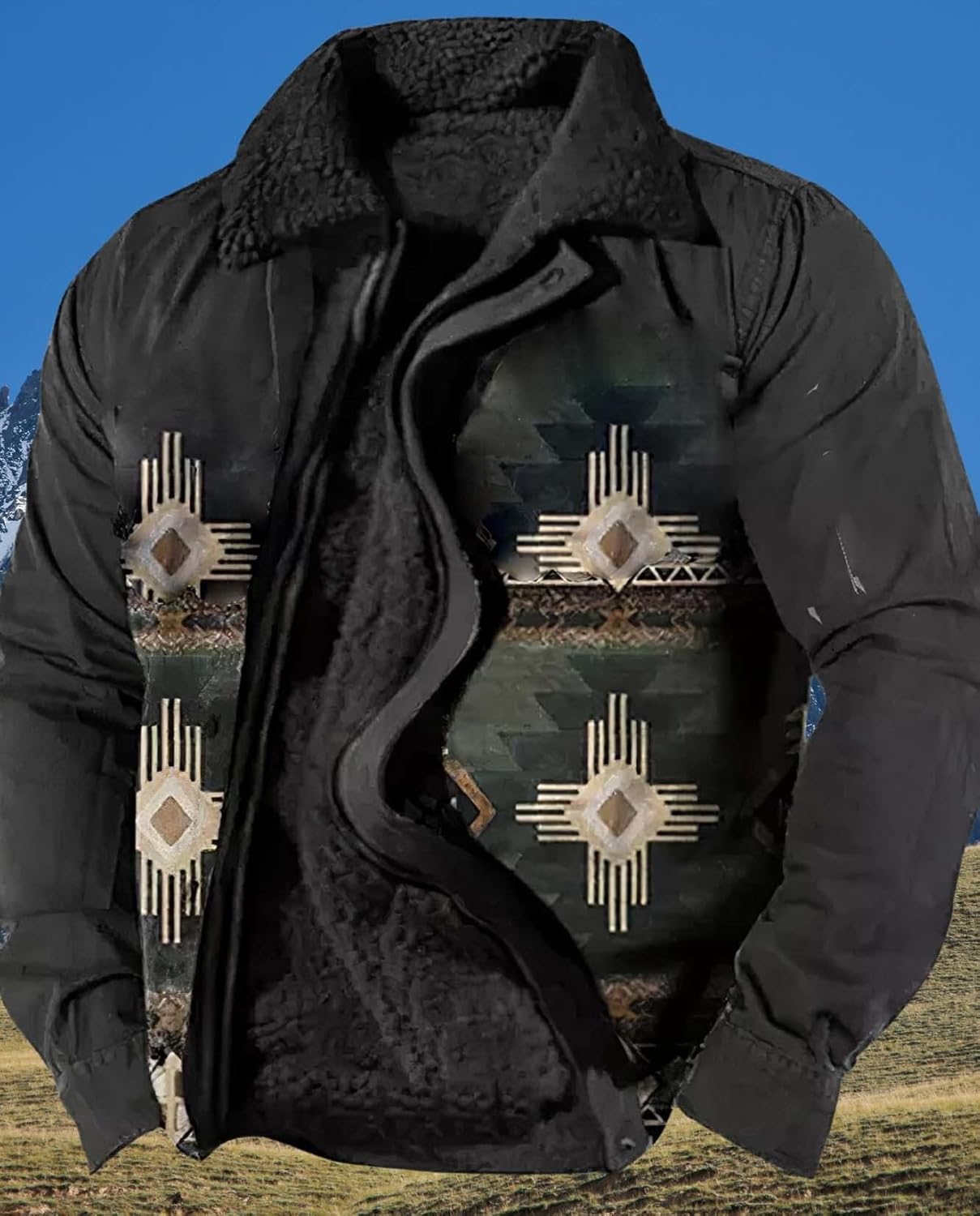 Western Coats for Men Aztec Vintage Print Sherpa Fleece Lined Jackets Long Sleeve Zip Up Winter Warm Outerwear - Image 5